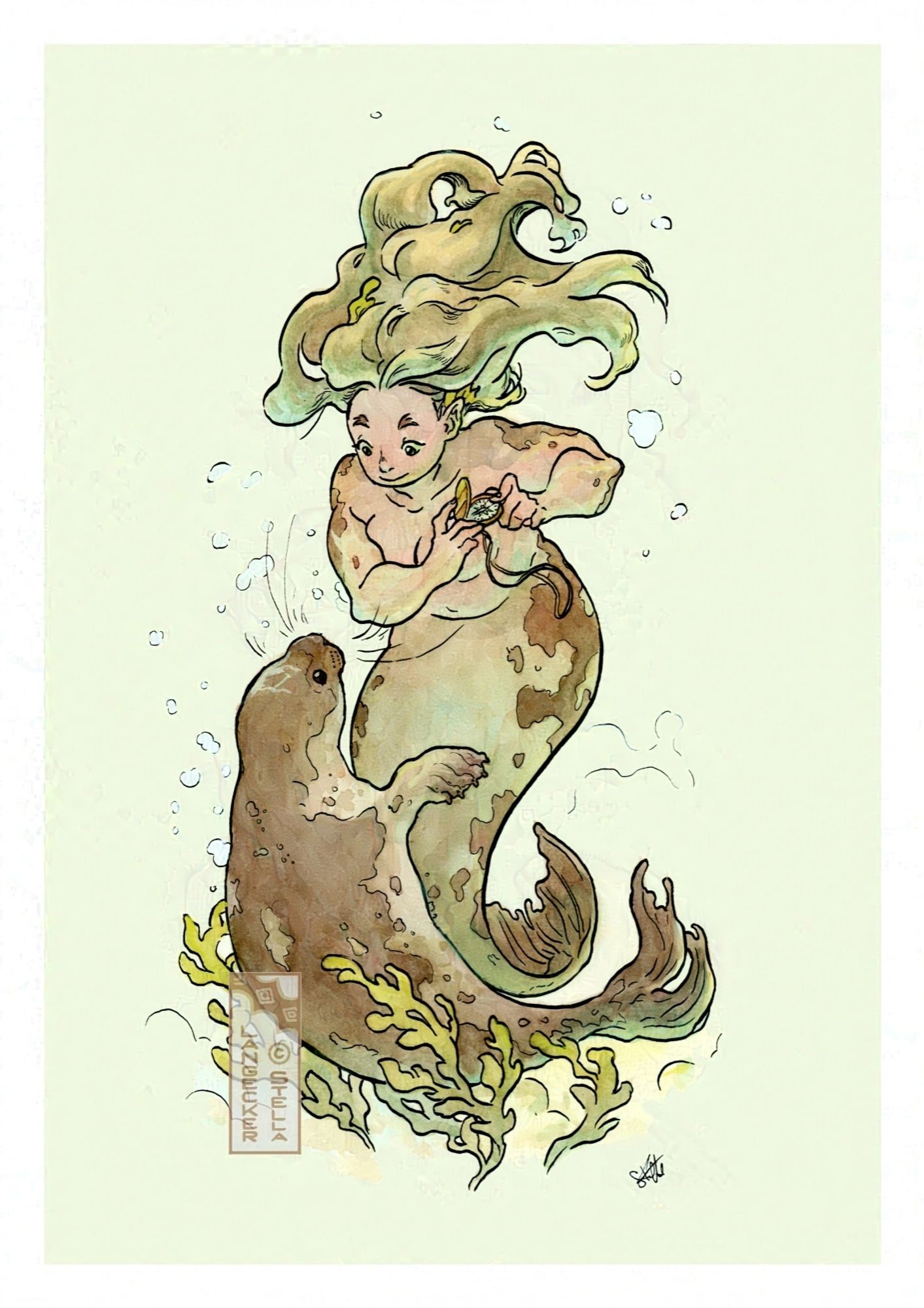 A watercolor illustration of a selkie with her seal friend looking up at her. Her wavy blonde hair is floating in the water and catching the green reflections of the seaweed-covered seafloor. In her hands she is holding a mysterious, shiny contraption - a compass. What happened to its previous owner?