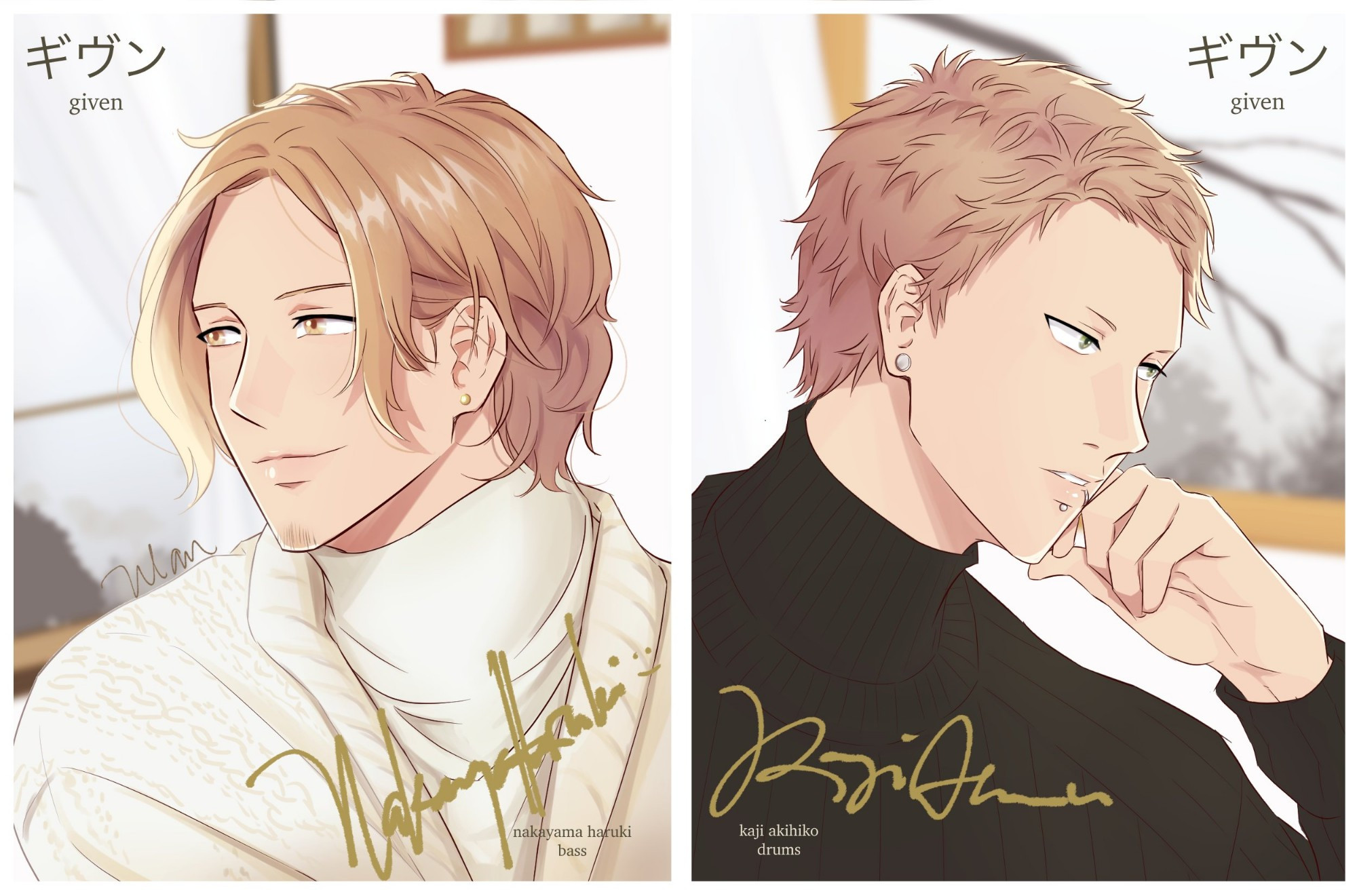 Fanart of Haruki's and Akihiko's magazine-feature style photos side by side. Their fictional signatures are also included in gold.