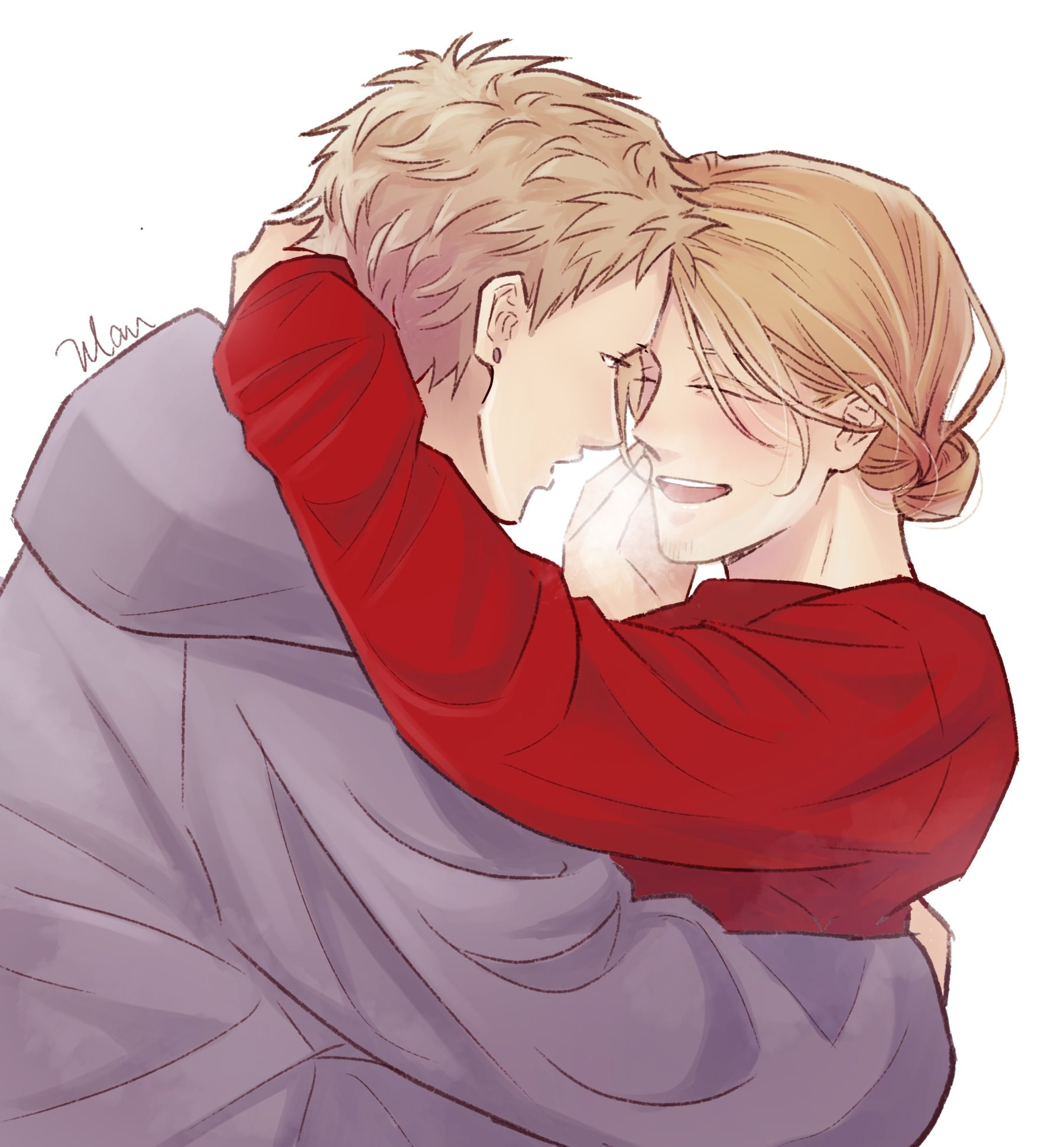 Fanart of Akihiko and Haruki from Given. Akihiko has Haruki in an embrace, with Haruki smiling. Akihiko is wearing a purple hoodie and Haruki a red sweater. 