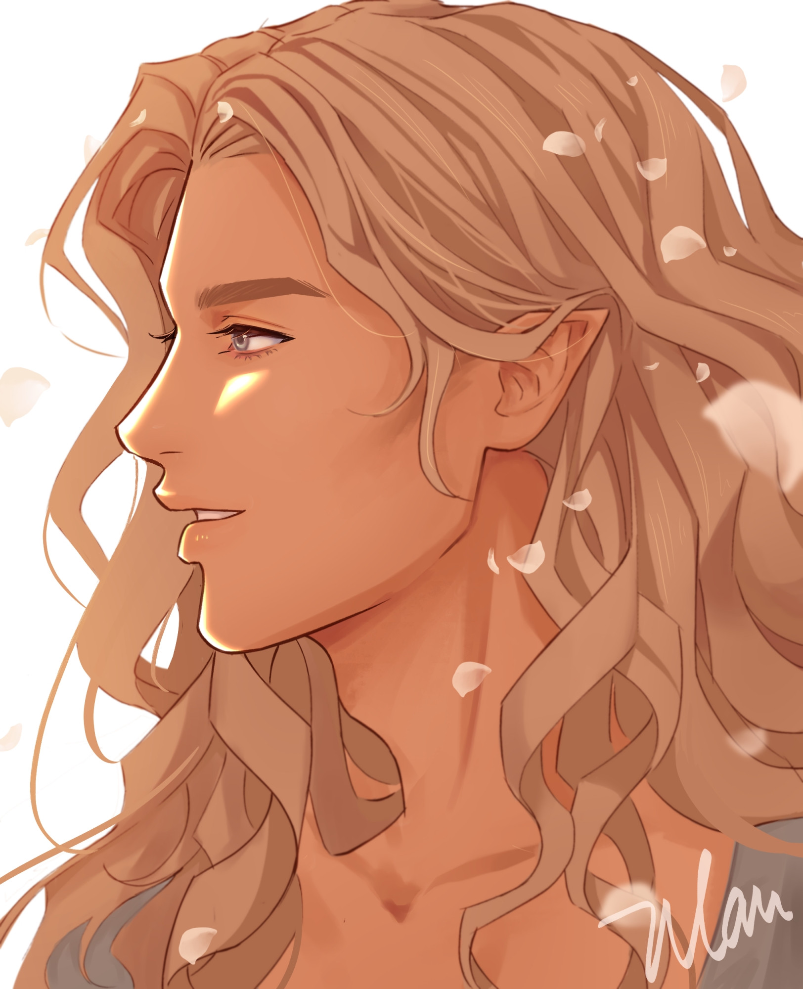 Fanart of Glorfindel in golden light, with flower petals around him