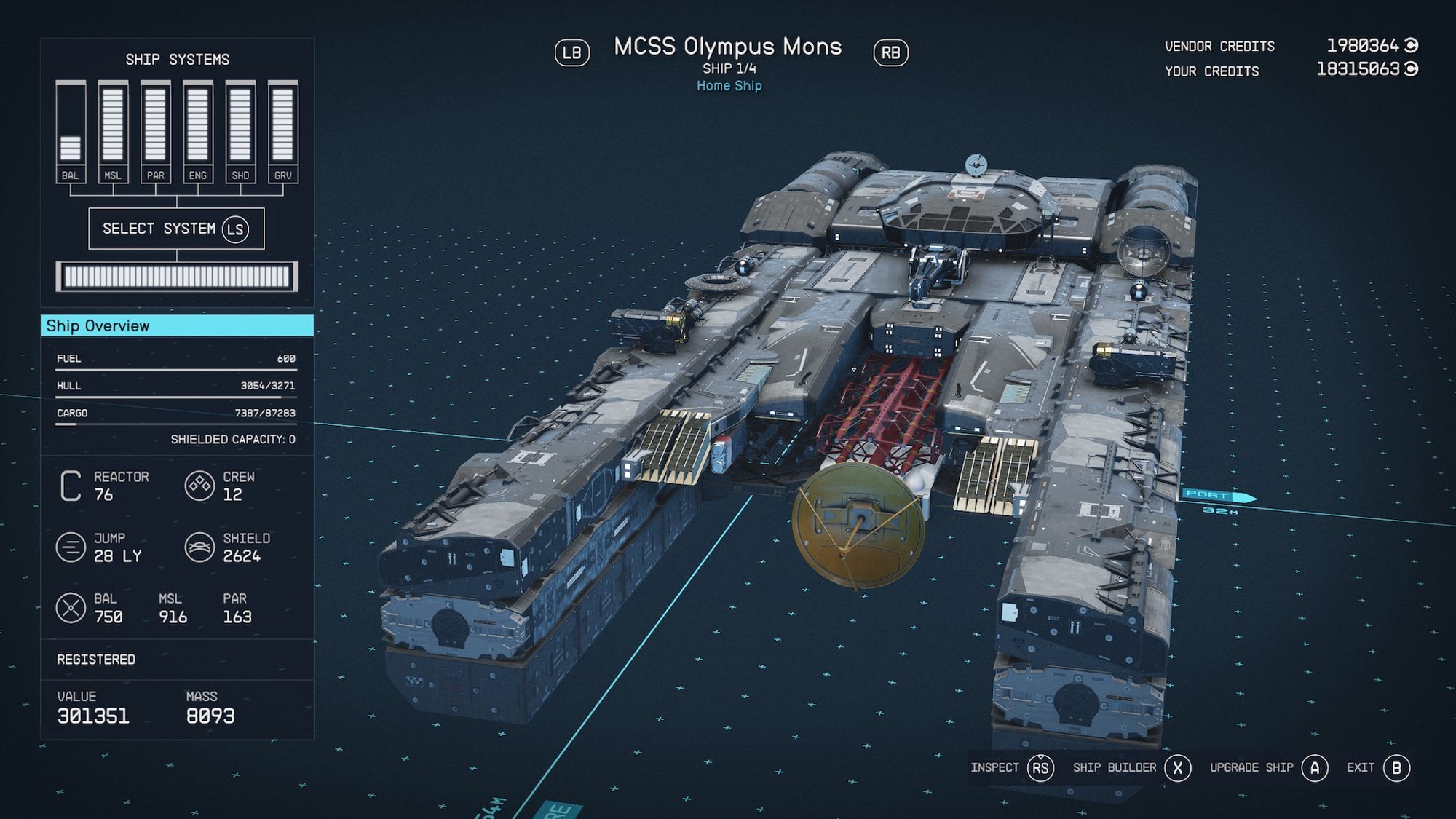 Screenshot from the game Starfield focusing on a large grey starship in the shipbuilding menu. The ship is named the Olympus Mons, with technical specifications along the viewer’s left side.