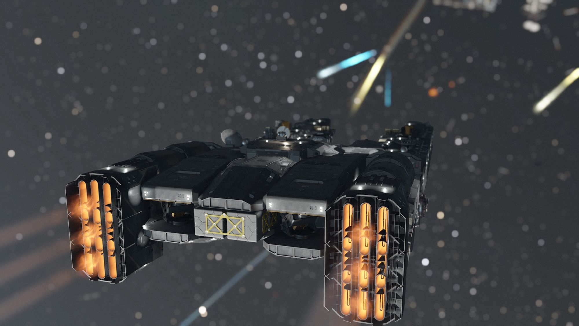 Screenshot from the game Starfield centring on a large grey starship flying through space away from the camera. Space in the distance is out of focus and there appears to be a fire-fight occurring.