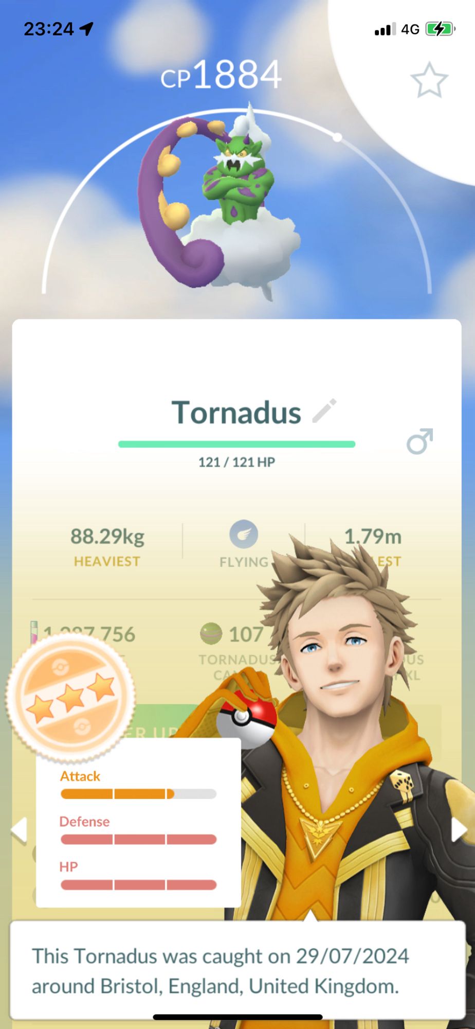 Screenshot from the game Pokémon Go highlighting the stat analysis screen of the legendary Pokémon Tornadus.