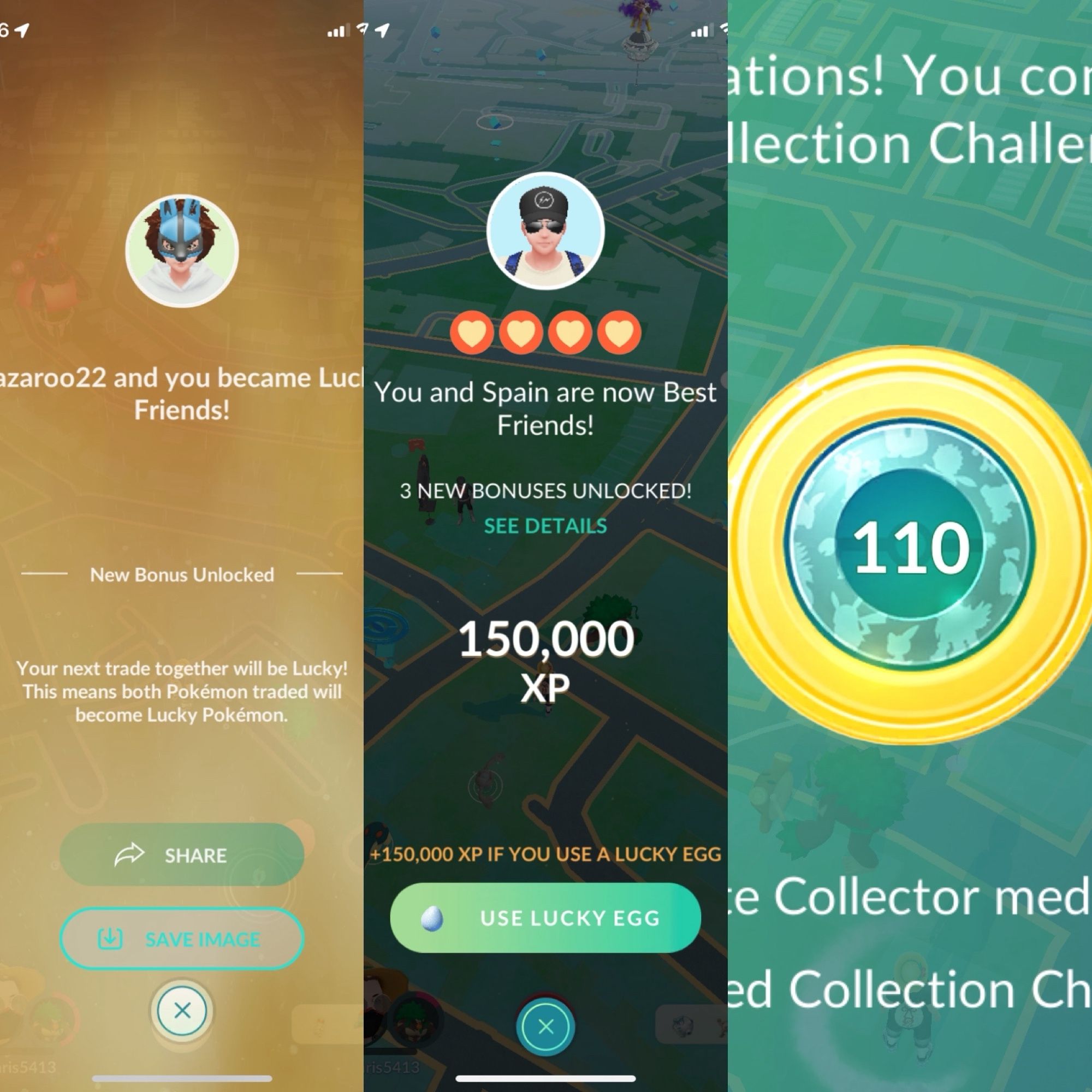 Composite screenshot from the game Pokémon Go, highlighting three accomplishments including from left to right a new lucky friend, a new best friend, and a rite collector badge number 110.