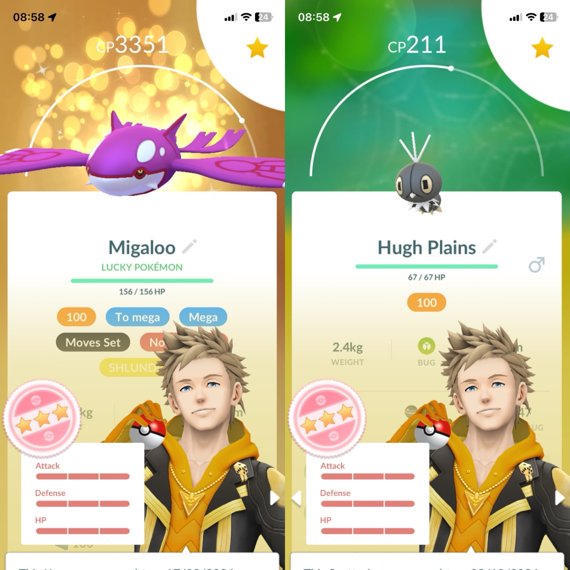 Screenshot from the game Pokémon Go highlighting the stat or IV analysis page for two Pokémon. On the viewer’s left is a shiny, lucky, perfect IV Kyogre named Migaloo, and a perfect IV Scatterbug named Hugh Plains. 