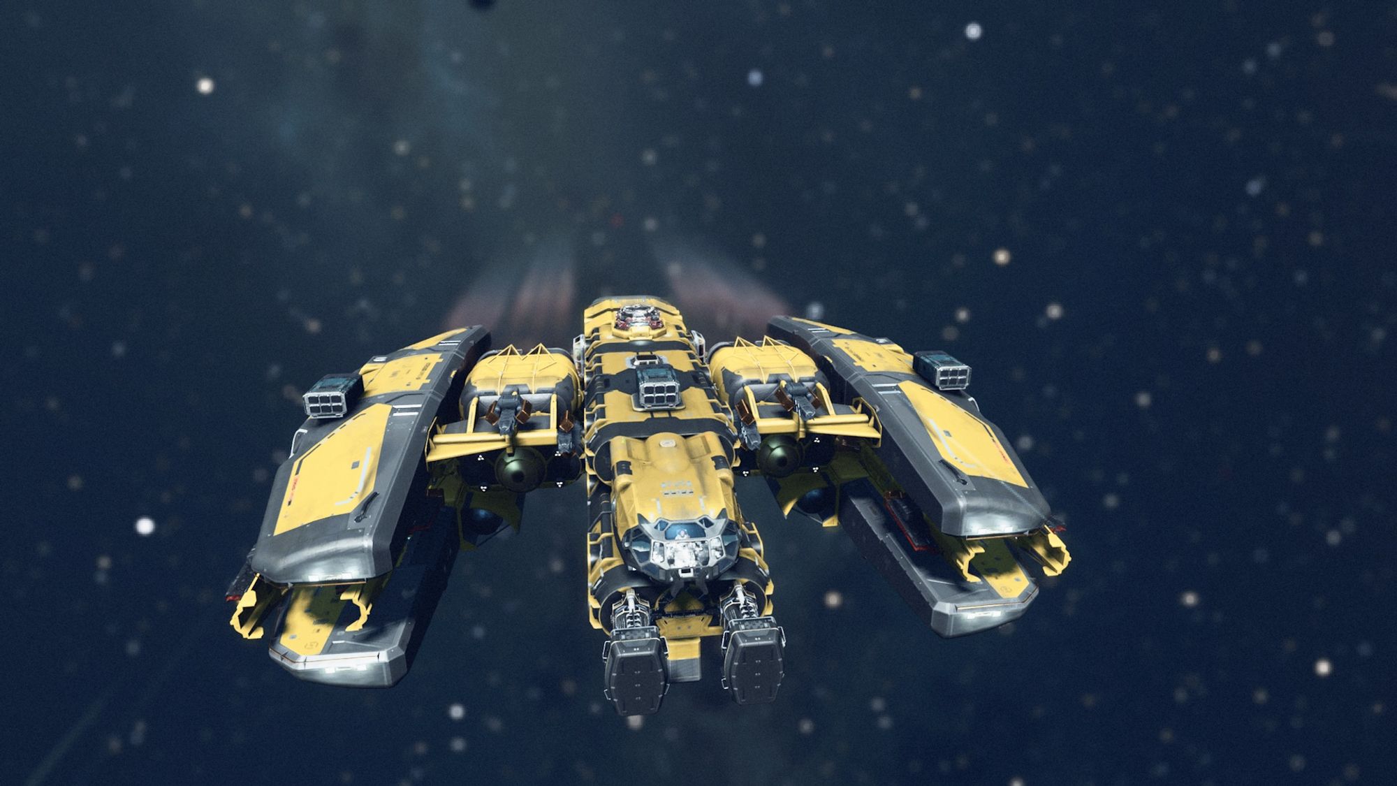 Screenshot from the game Starfield centring on a black and yellow ship in space from a head on 3/4 view towards the camera.