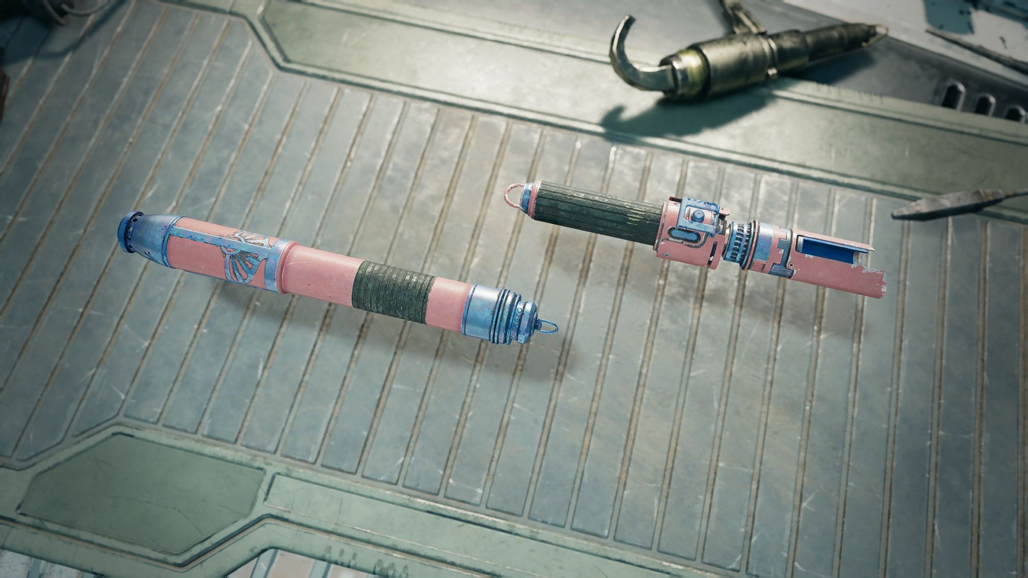 Screenshot from the game Star Wars Jedi Survivor centring on Cal Kestis’ dual lightsaber in a pink and metallic blue colour way.