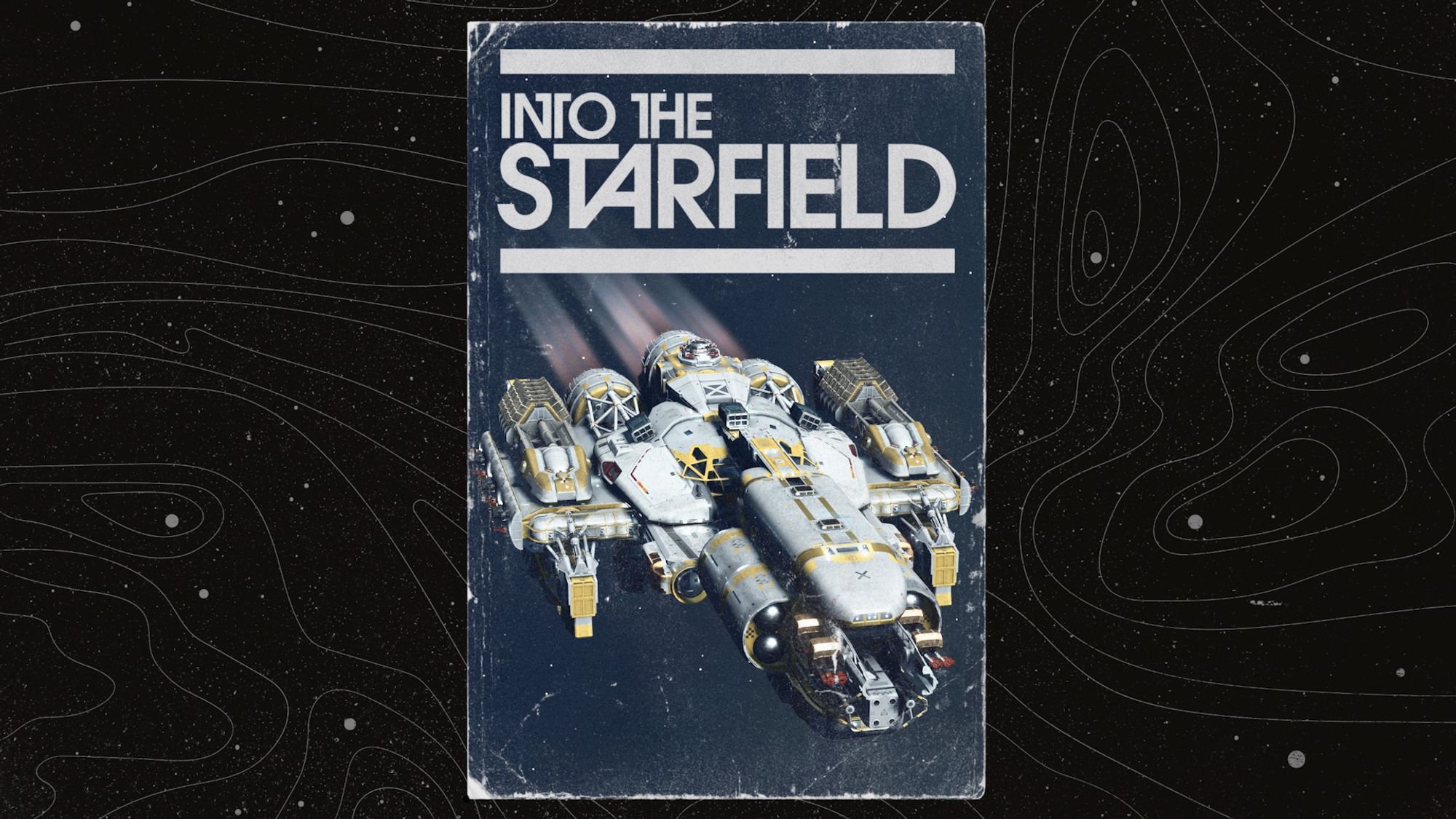 Screenshot from the game Starfield focusing on what looks like a magazine cover called “Into The Starfield,” with a starship flying through space in the cover.