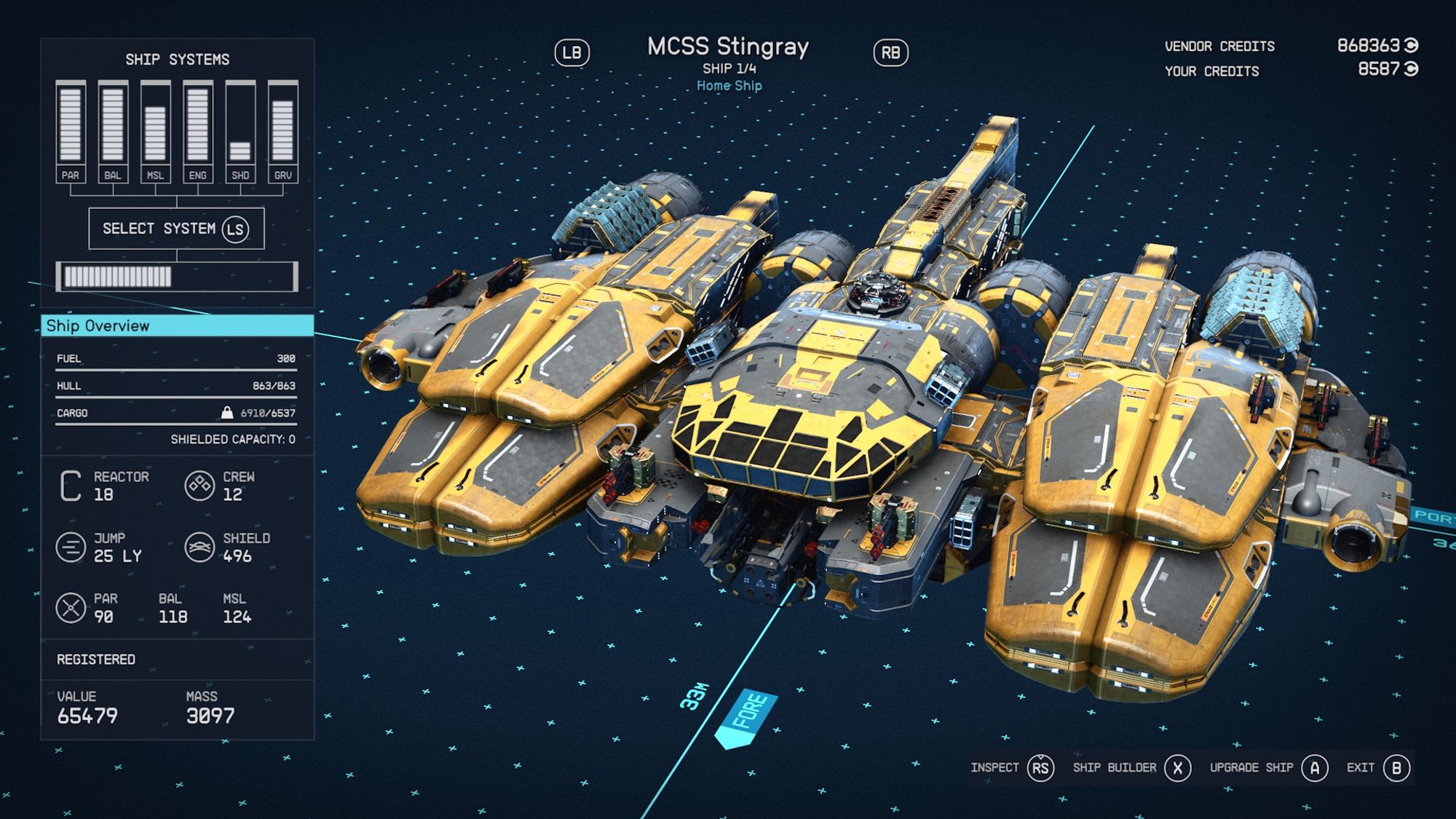 Screenshot from the game Starfield, centring on a large gold and black ship from shipbuilding menu. Along the viewer’s left hand side are the ship stats.