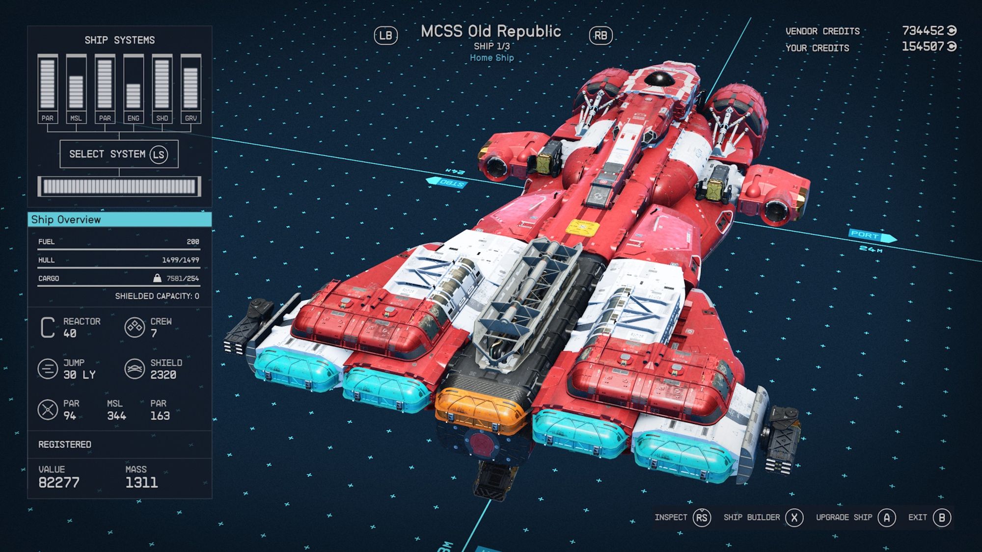 Screenshot from the game Starfield focused on the shipbuilding menu of a blue, white, and red ship named “MCSS Old Republic.”