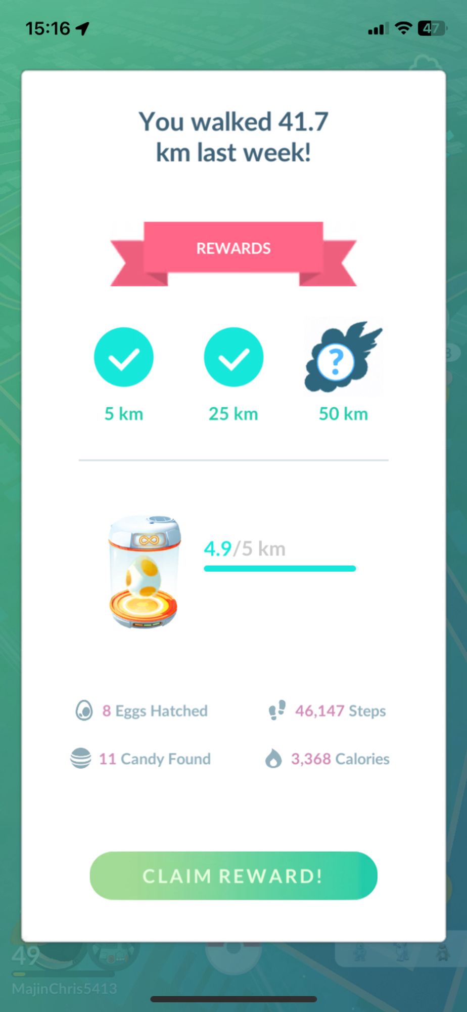 Screenshot from the game Pokémon Go game, weekly adventure sync rewards. The screen highlights 41.7 kilometres walked, over forty six thousand steps, and 8 eggs hatched.