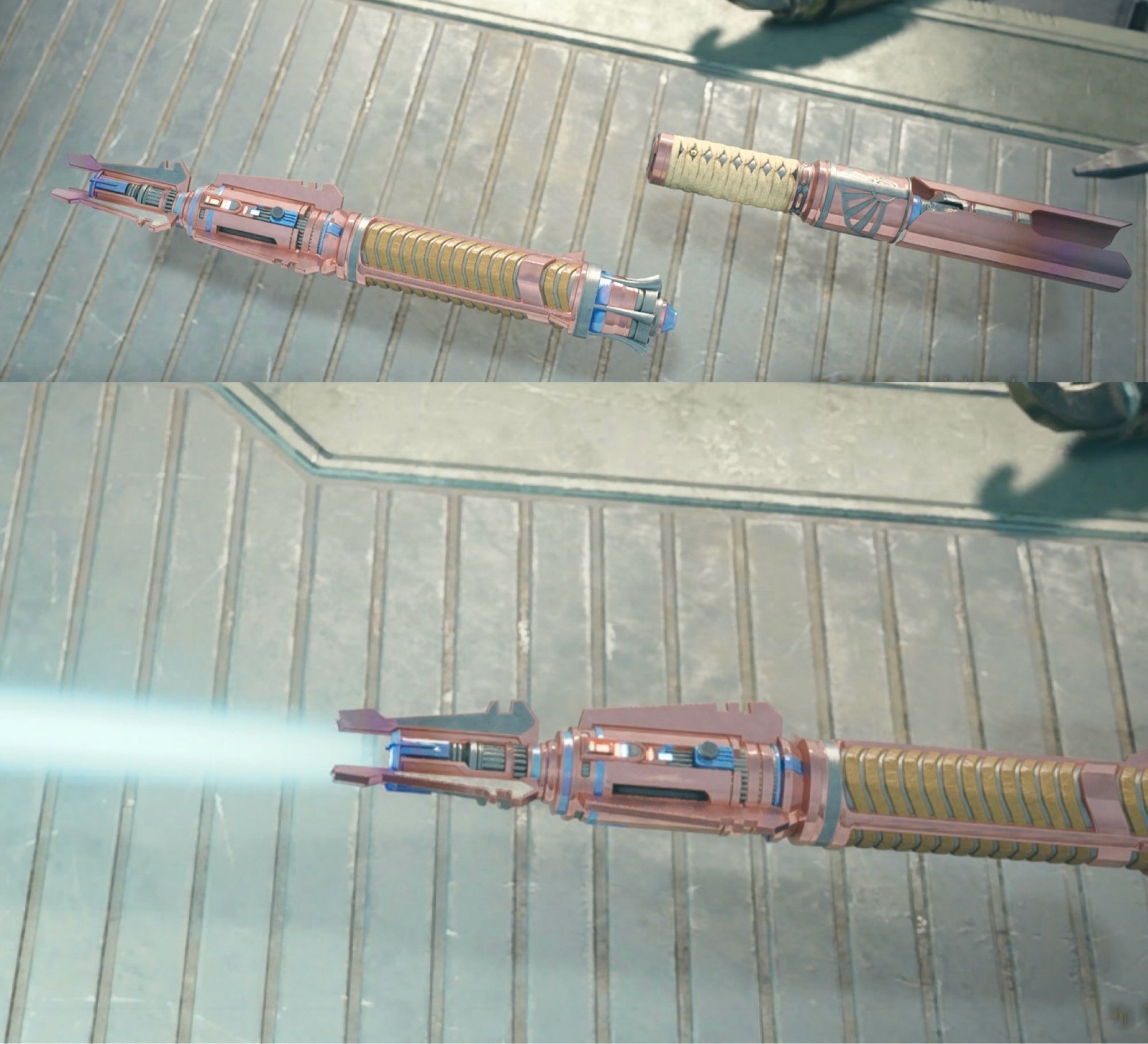 Screenshot from the game Star Wars Jedi Survivor. The image is centring on the lightsaber customisation screen with a largely pink and gold with blue highlight unit and a cyan coloured blade.