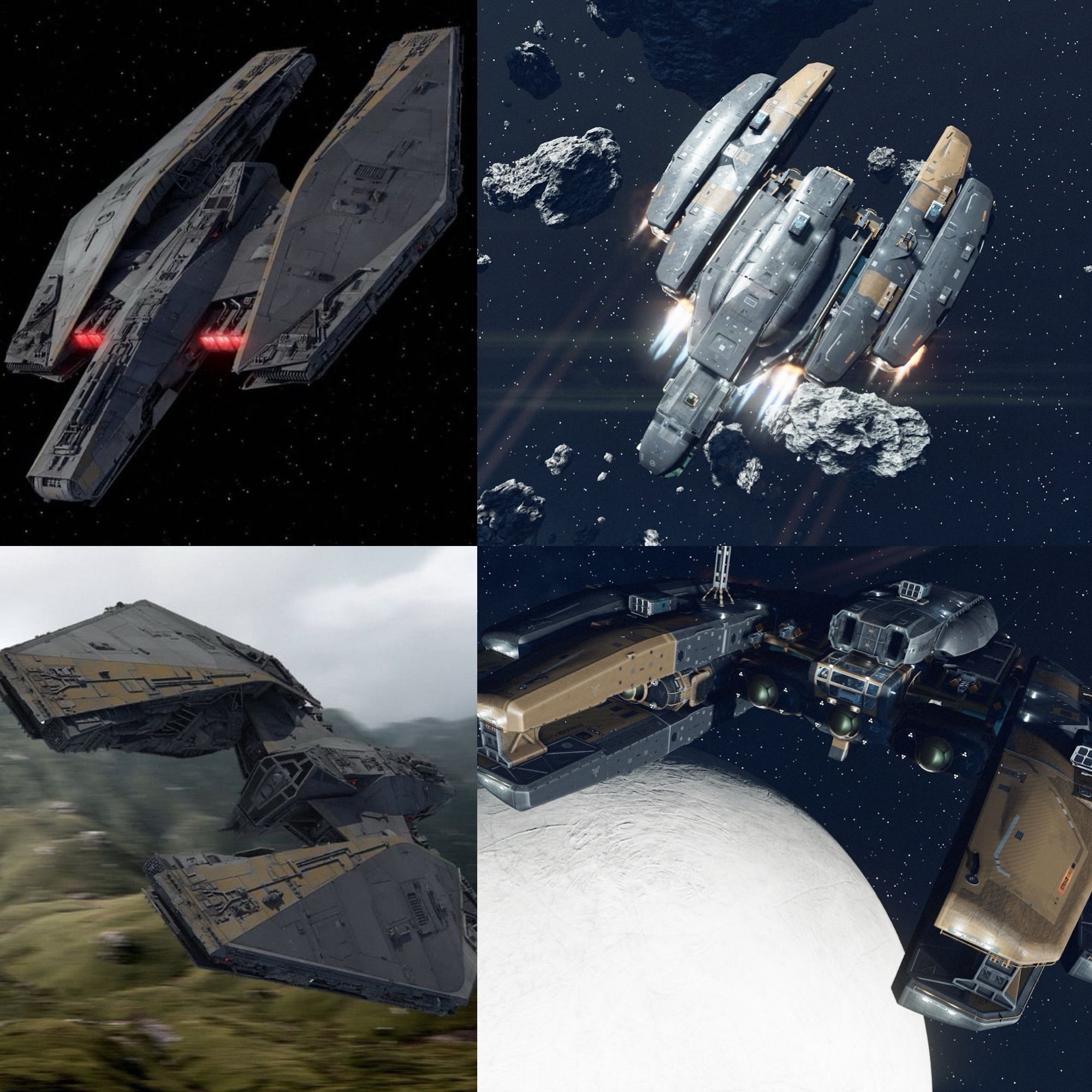 Composite screenshot featuring a starship on the left and a starship on the right built to resemble the ship on the right.