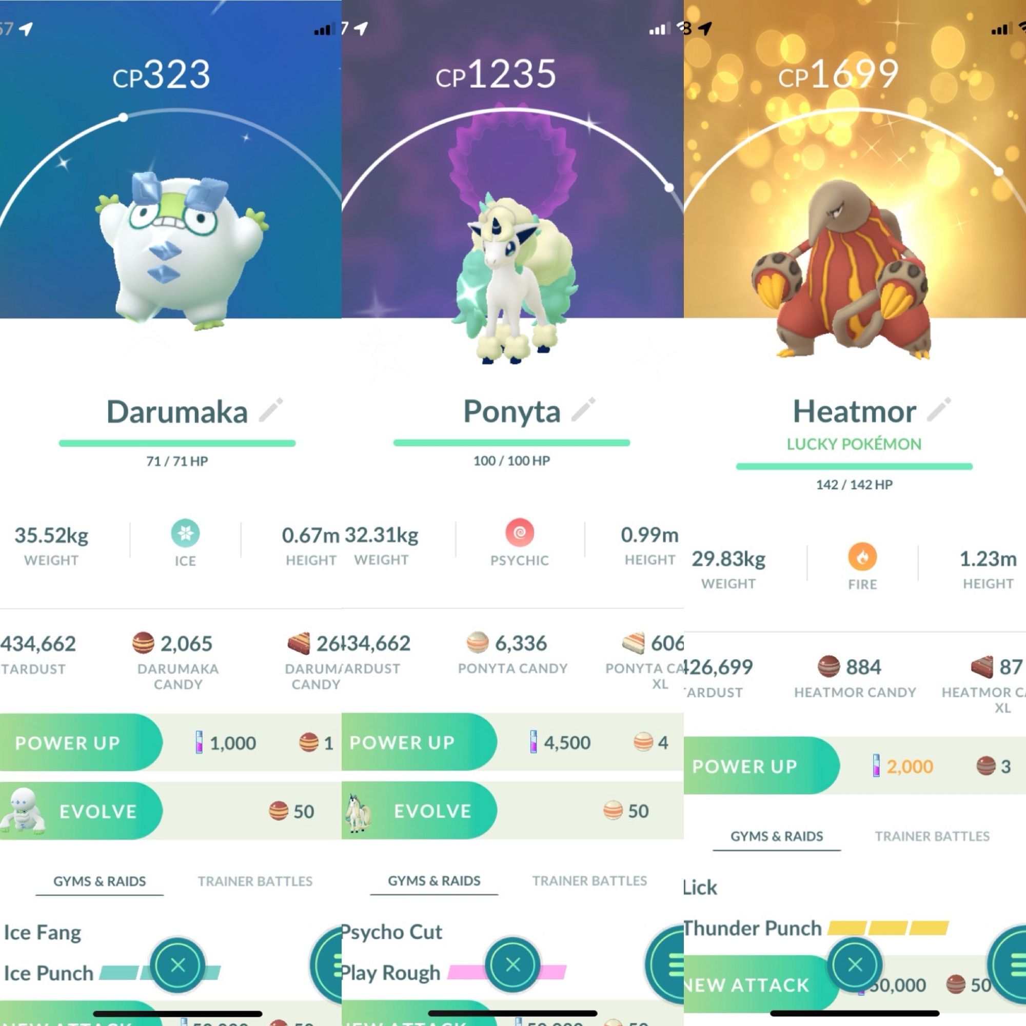 Composite screenshot from the game Pokémon Go, highlighting three Pokémon. From left to right there is a shiny Galarian Darumaka, a shiny Ponyta, and a lucky Heatmor.