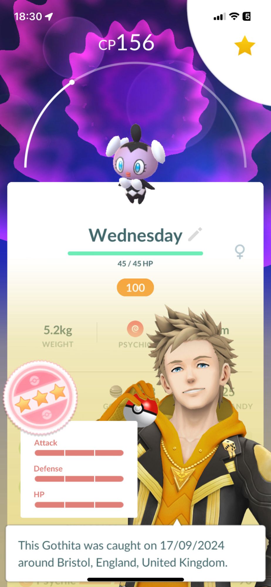 Screenshot from the game Pokémon Go highlighting a Pokémon analysis screen for the perfect IV/stats of the Pokemon Gothita, named Wednesday.