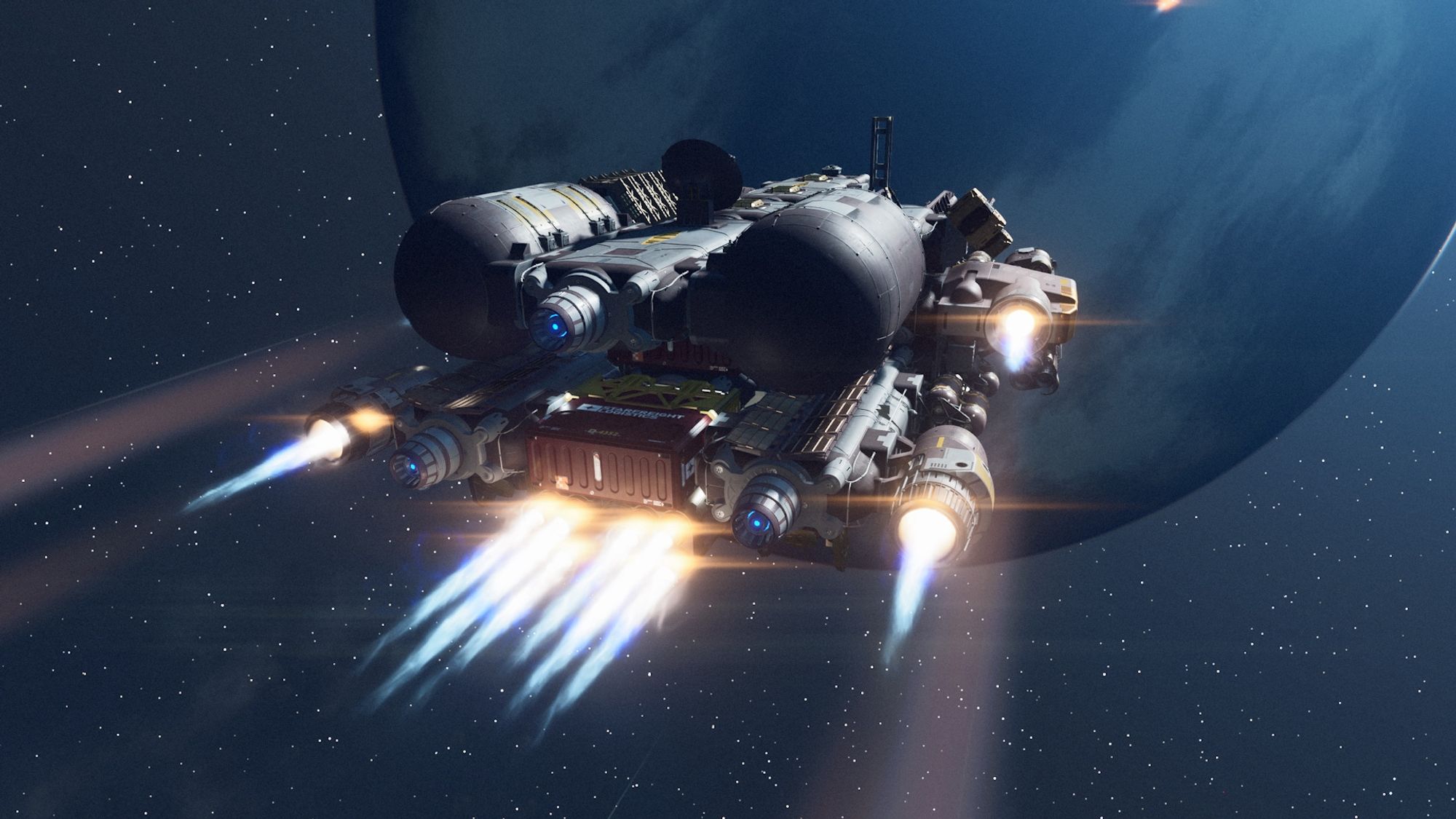 Screenshot from the game Starfield, taken from behind a starship, flying away from the camera towards a large blue planet.