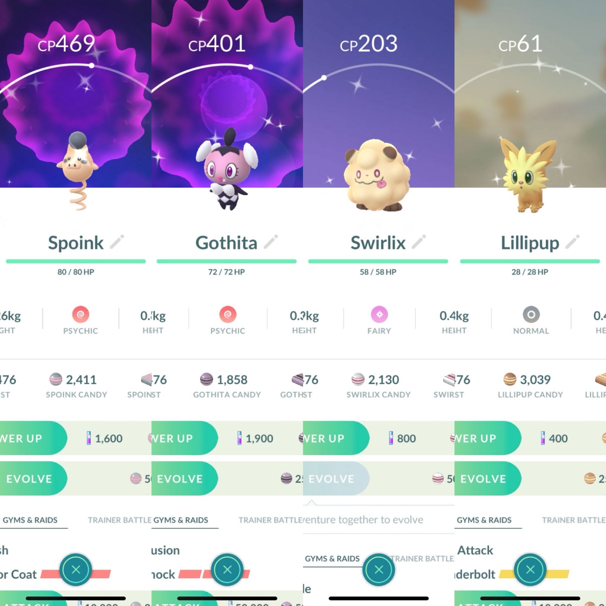 Composite screenshot from the game Pokémon Go, highlighting four shiny Pokémon. From left to right there is Spoink, Gothita, Swirlix, and Lillipup.