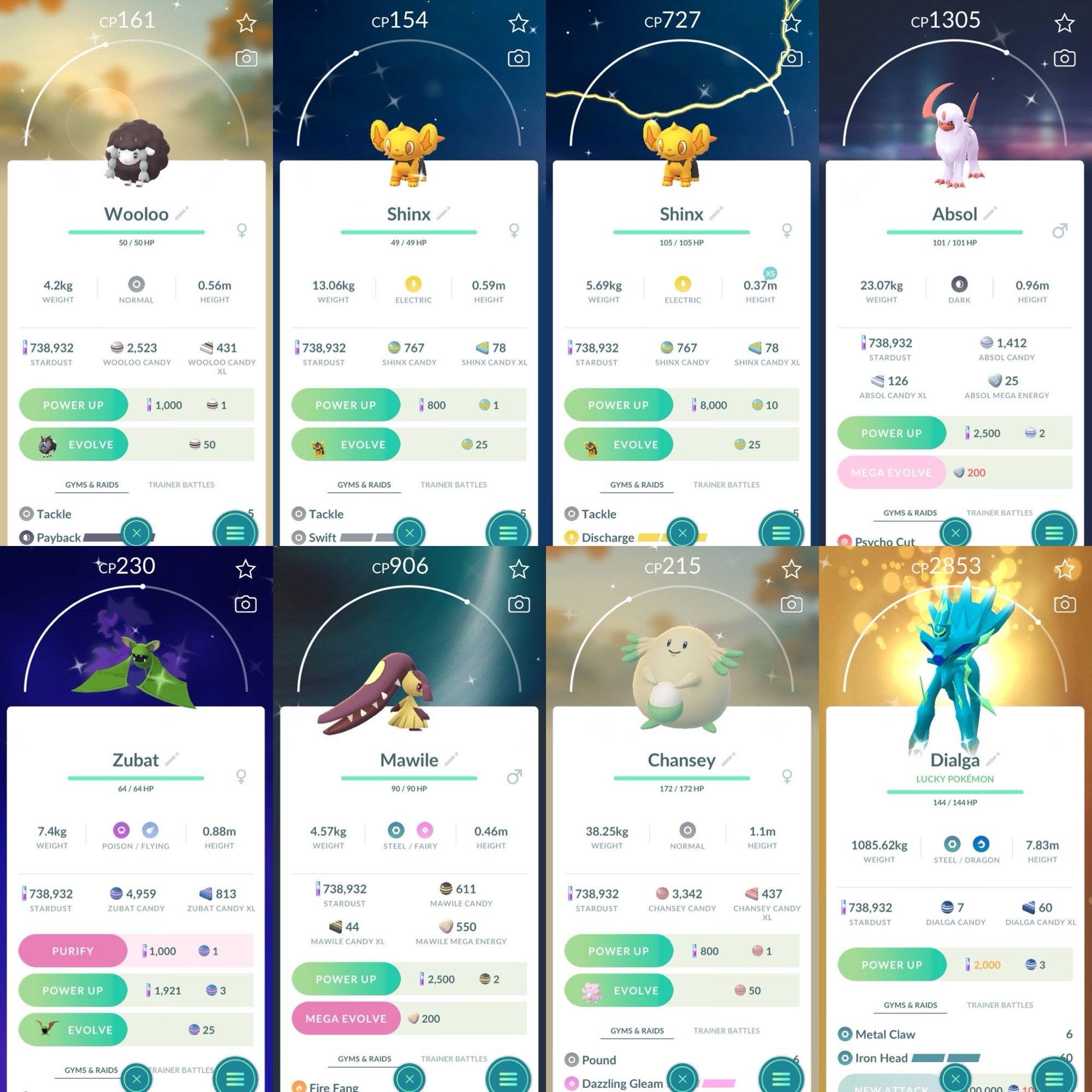 Screenshot from the game Pokémon Go highlighting eight shiny Pokémon. From the viewer’s top left to bottom right are a Wooloo, two Shinx, an Absol, a shadow Zubat, Mawile, Chansey, and a lucky Origin Dialga. 