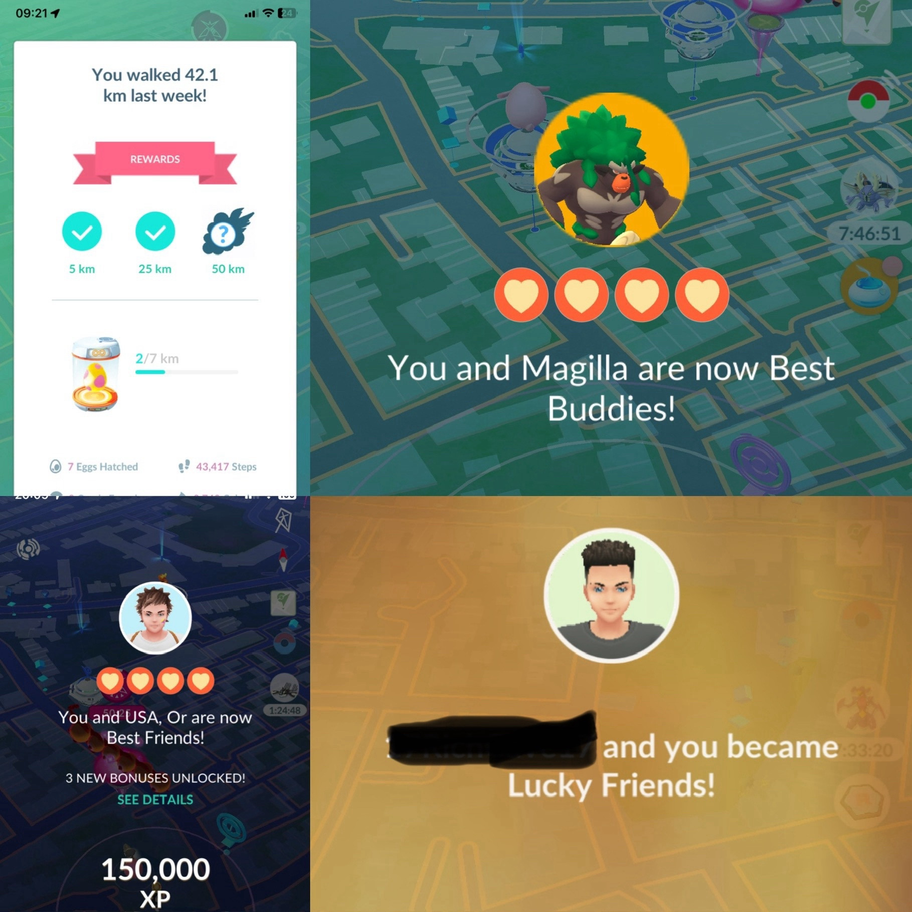 Composite screenshot from the game Pokémon Go highlighting four accomplishment screens. From the viewer’s top left to bottom right are the Adventure Sync rewards, a best buddy screen for a Rillaboom named Magila, a best friend from Oregon USA, and a lucky friend with their screen name redacted. 