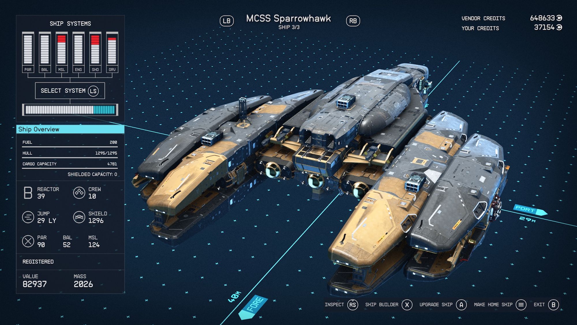 Screenshot from the game Starfield, from the duo building menu of a ship called the MCSS Sparrowhawk. Stats for the ship are asking the viewer’s left hand side.