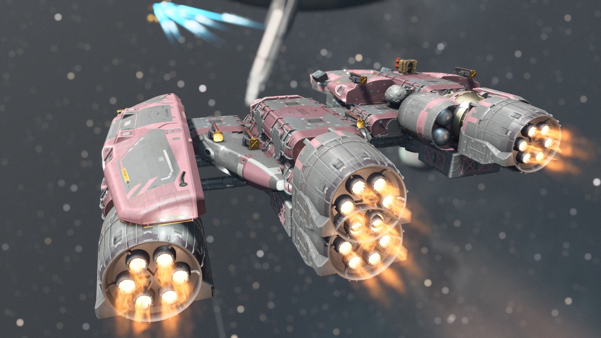 Screenshot from the game Starfield centring on a red and black starship flying through space away from the camera and firing towards an out of focus ship in the far distance.