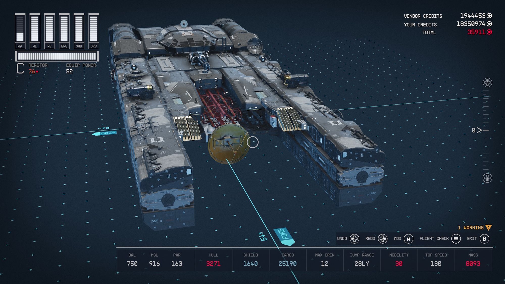 Screenshot from the game Starfield focusing on a large grey starship in the shipbuilding menu, with technical specifications along the viewer’s bottom side.