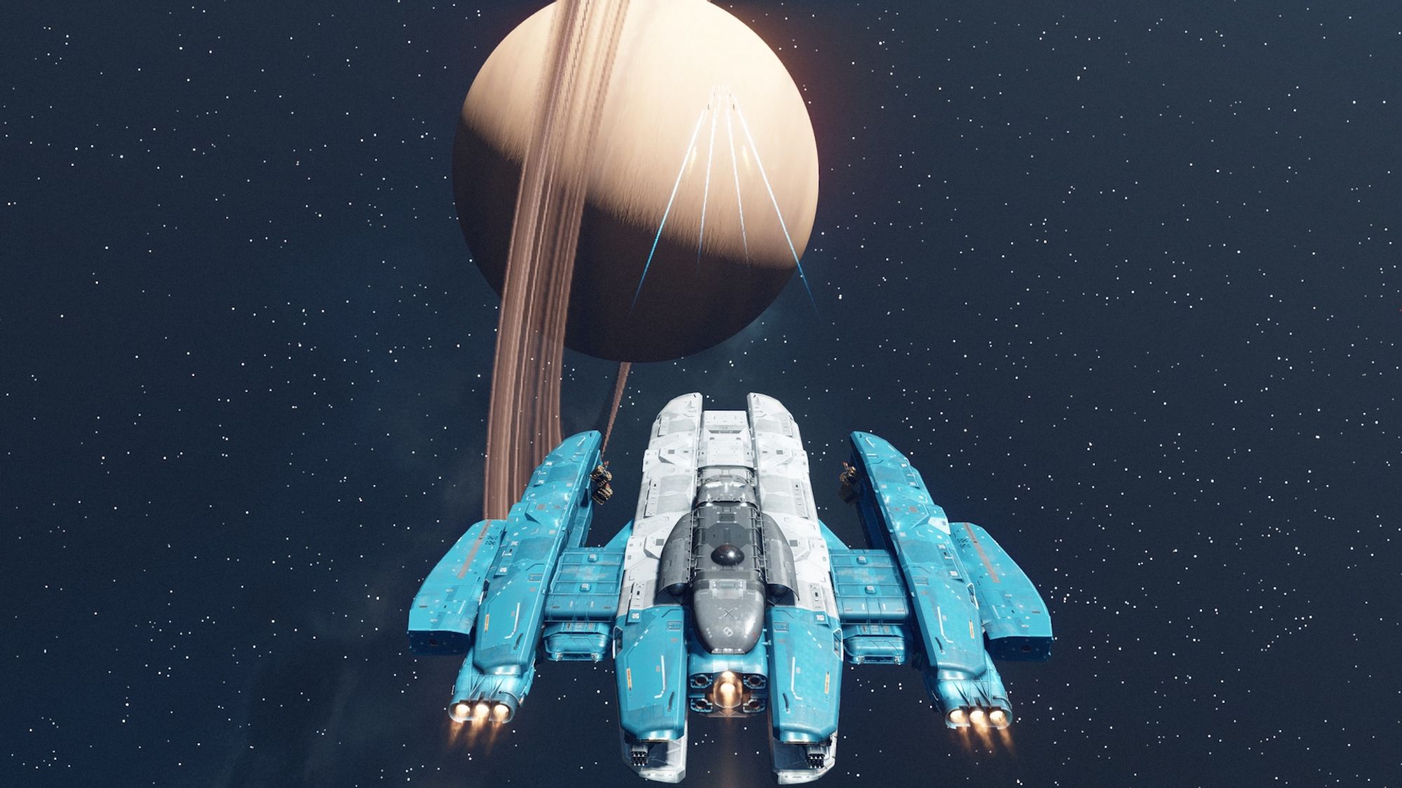 Screenshot from the game Starfield focusing on a white, blue, and black starship in space, heading away from the camera and firing towards a Saturn like ringed planet.