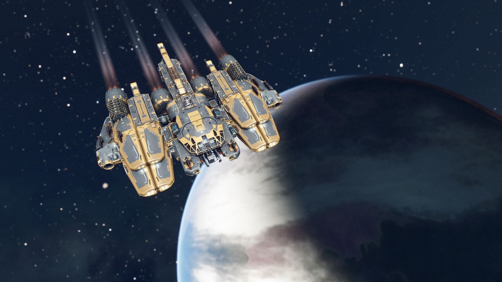 Screenshot from the game Starfield, centring on a large gold and black ship soaring high above a planet in the background.