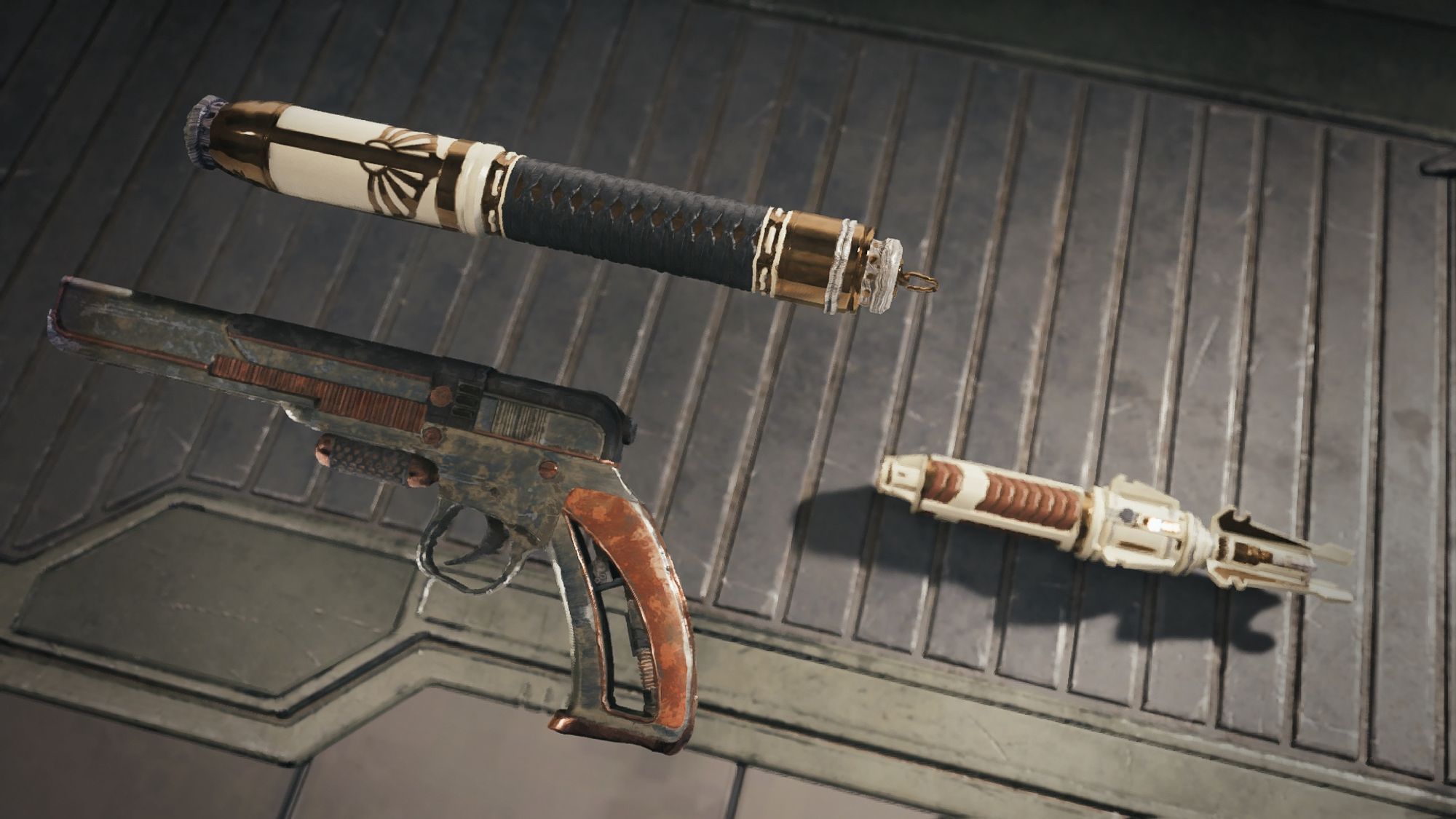 Screenshot from the game Star Wars Jedi Survivor centring on Cal Kestis’ dual lightsaber in a bronze and cream colour, and his blaster.