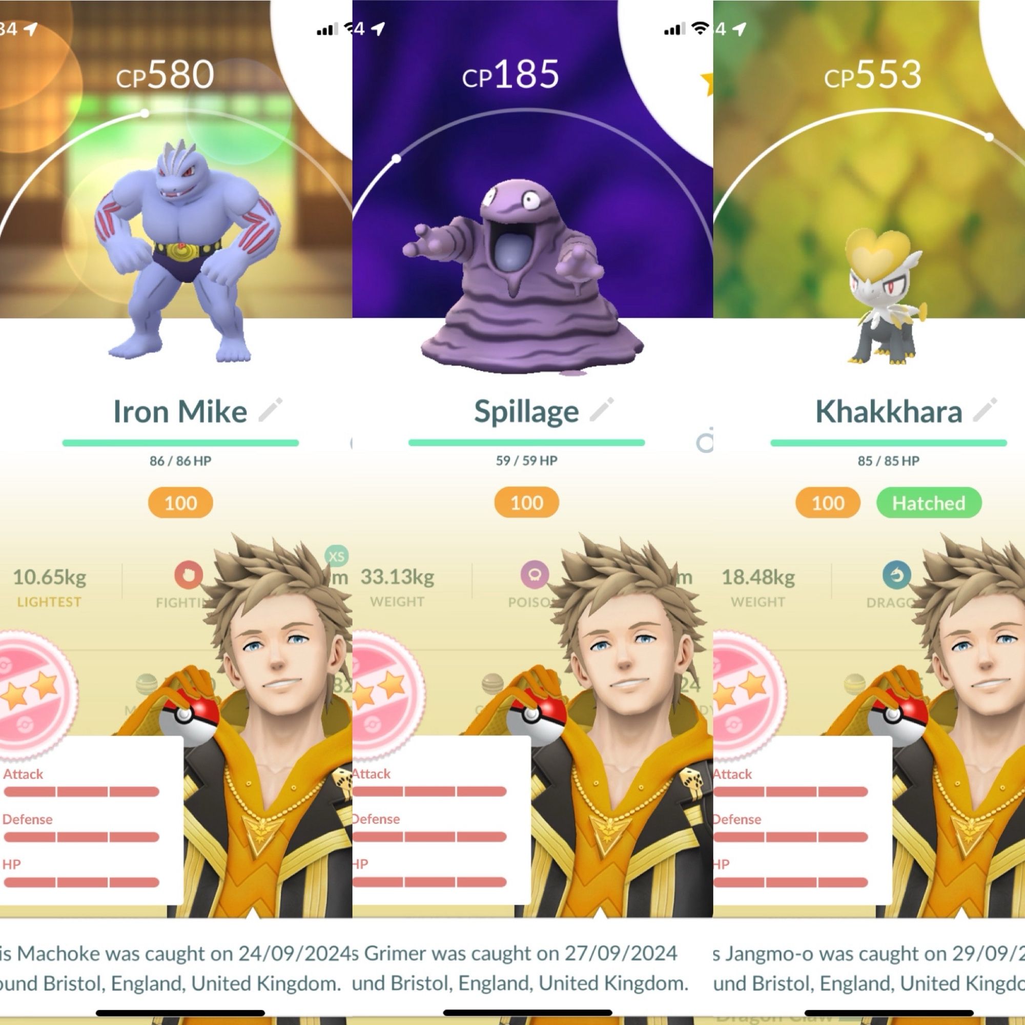 Composite screenshot from the game Pokémon Go, highlighting three perfect IV or stat Pokémon. From left to right there is a Machoke named Iron Mike, a Grimer named Spillage, and a Jangmo-o named Khakkhara.