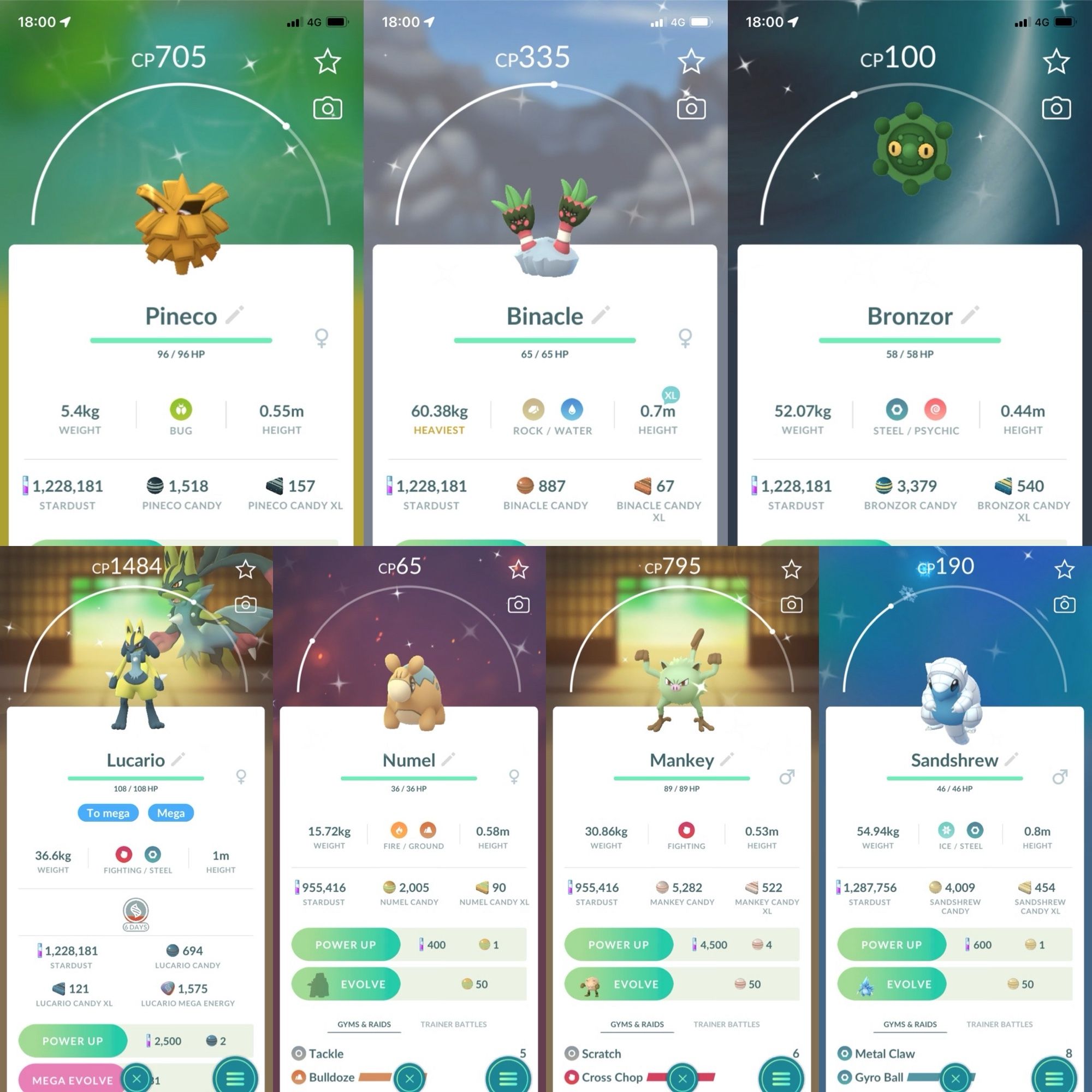 Composite screenshot from the game Pokémon Go, collecting a selection of shiny Pokémon. From viewer’s top left to bottom right is a Pineco, Binacle, Bronzor, Lucario, Numel, Mankey, and Sandshrew.