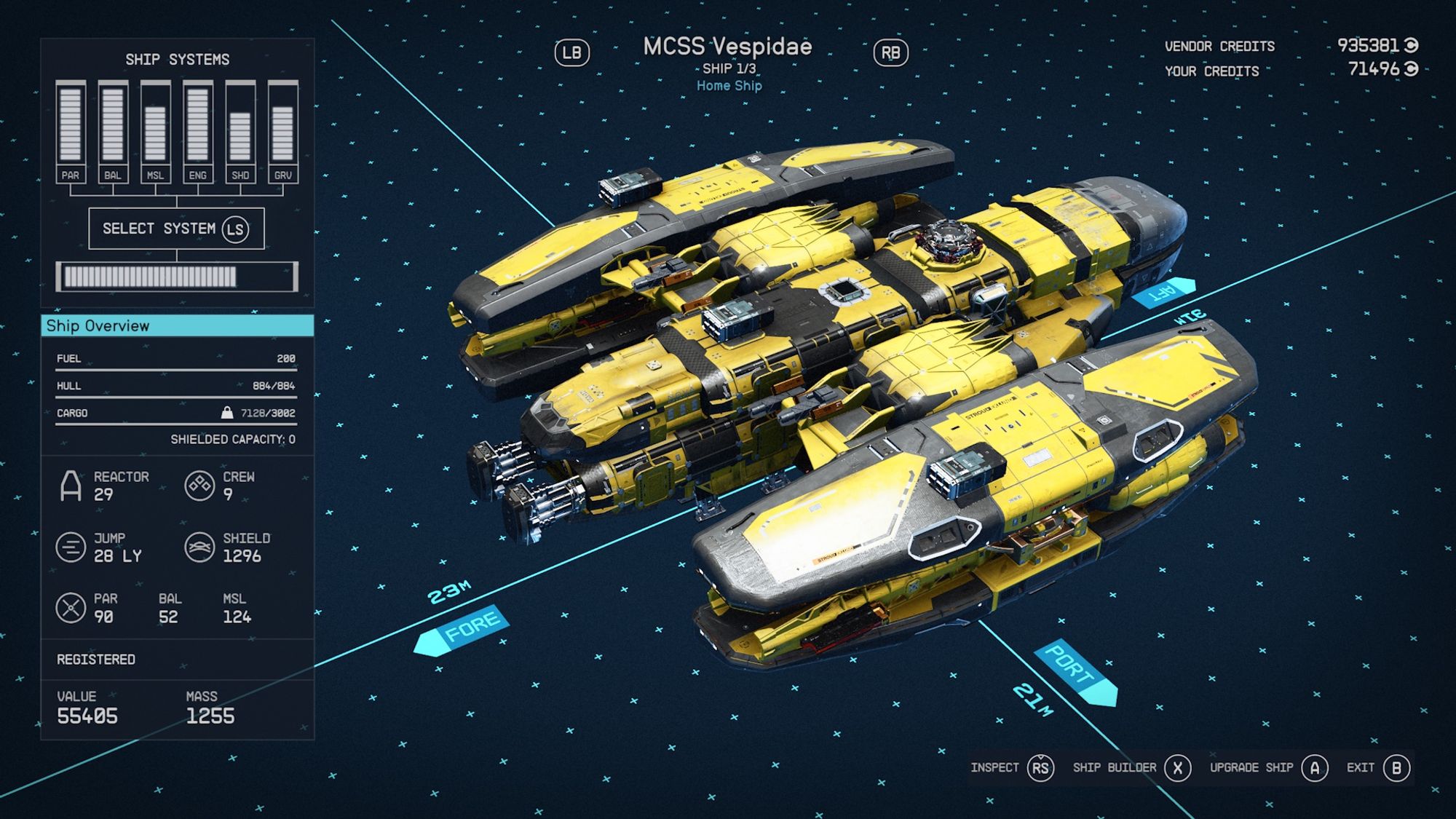 Screenshot from the game Starfield centring on a black and yellow ship in the shipbuilding menu named the MCSS Vespidae. Stats for the ship are along the left hand side.