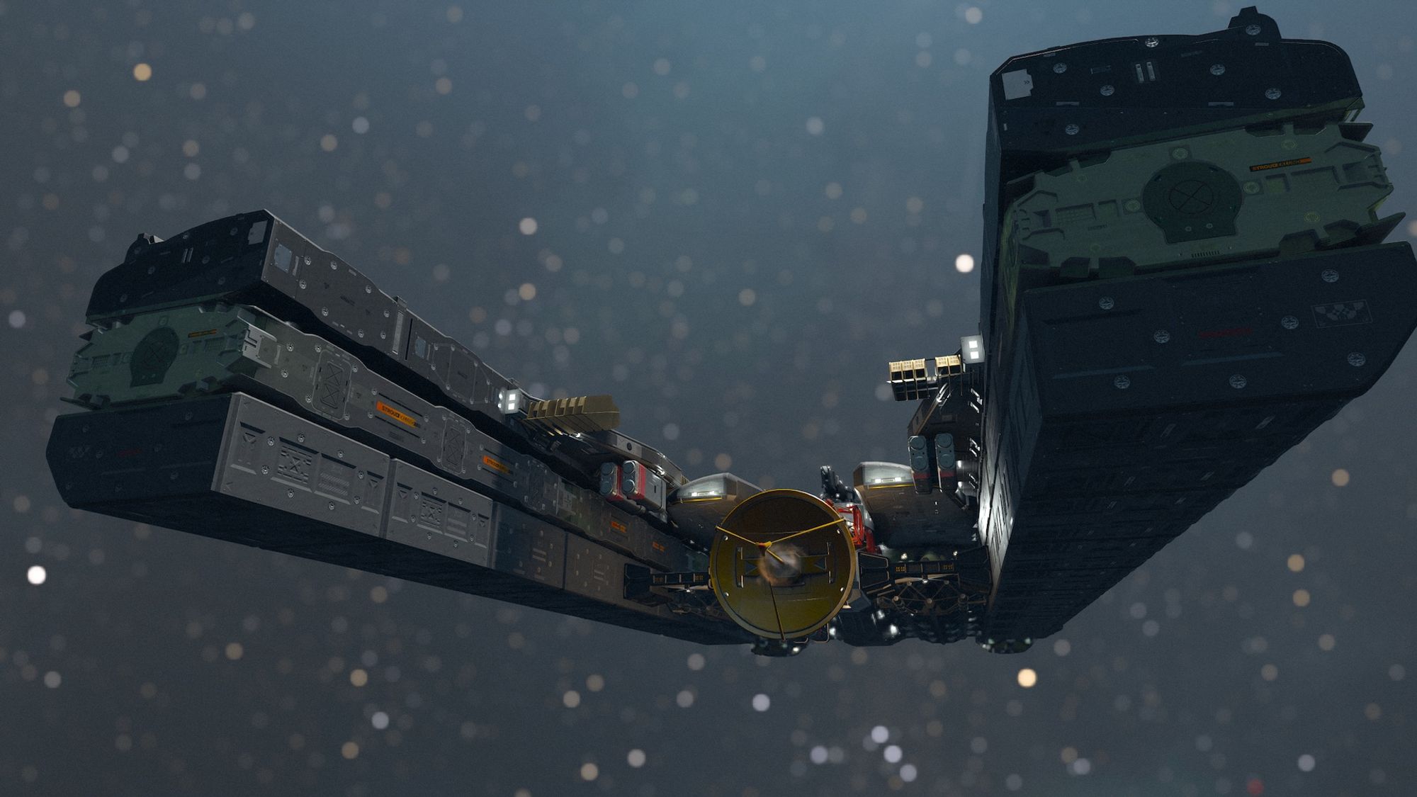 Screenshot from the game Starfield focusing on a large grey starship from the front in a roughly low three-quarter view. The ship is flying through space.