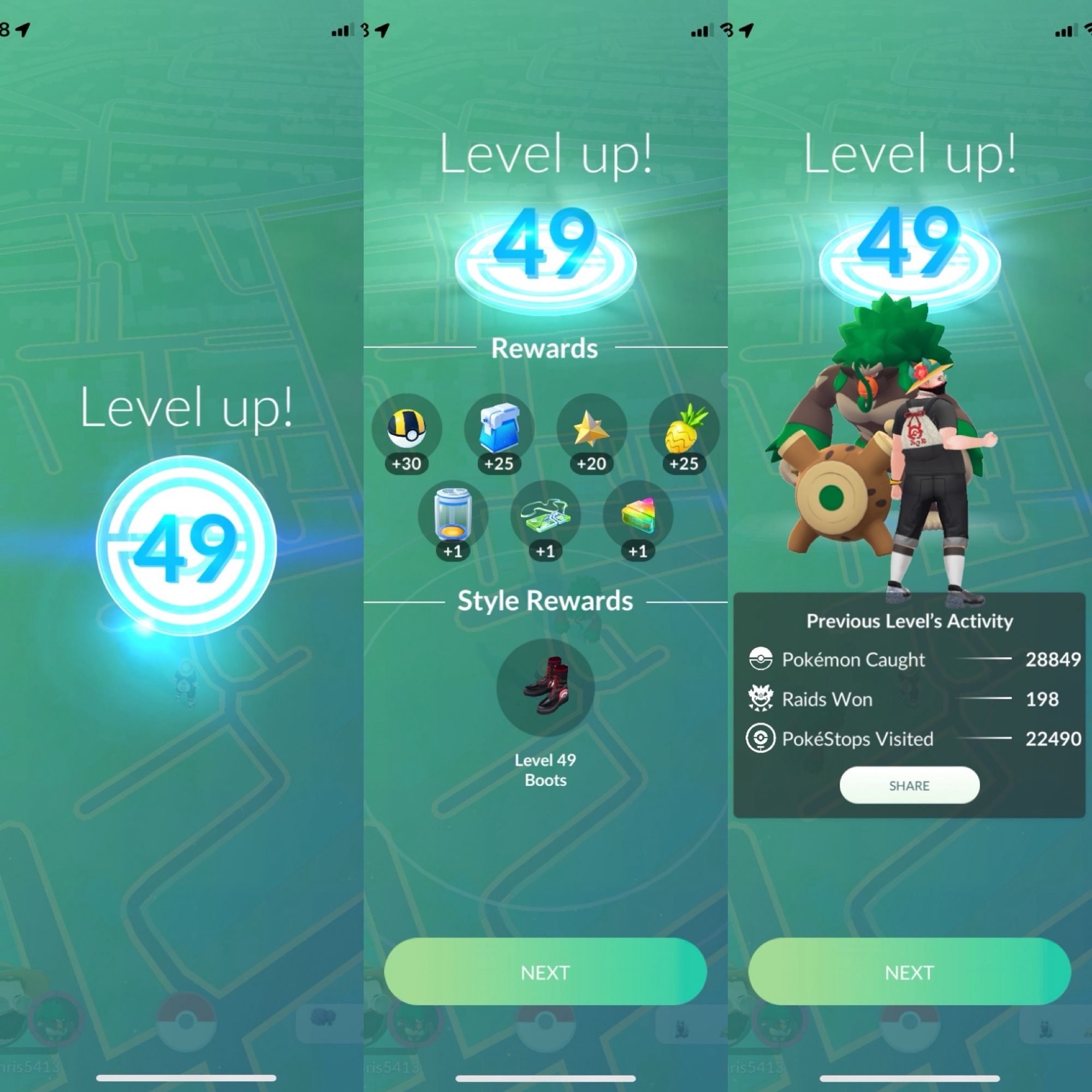 Composite screenshot from the game Pokémon Go continuing then three stages of the levelling up notification. 

On the viewer’s left is the level up notification revealing reaching level 49. 

The centre is the levelling up rewards including 30 ultra balls, 25 max potions, 20 max revives, 25 pinap berries, 1 incubator, 1 raid pass, and 1 rare candy XL. 

The final screen highlights activity from the past level. This includes 28,849 Pokémon caught, 198 raids win, 22,490 PokeStops visited.