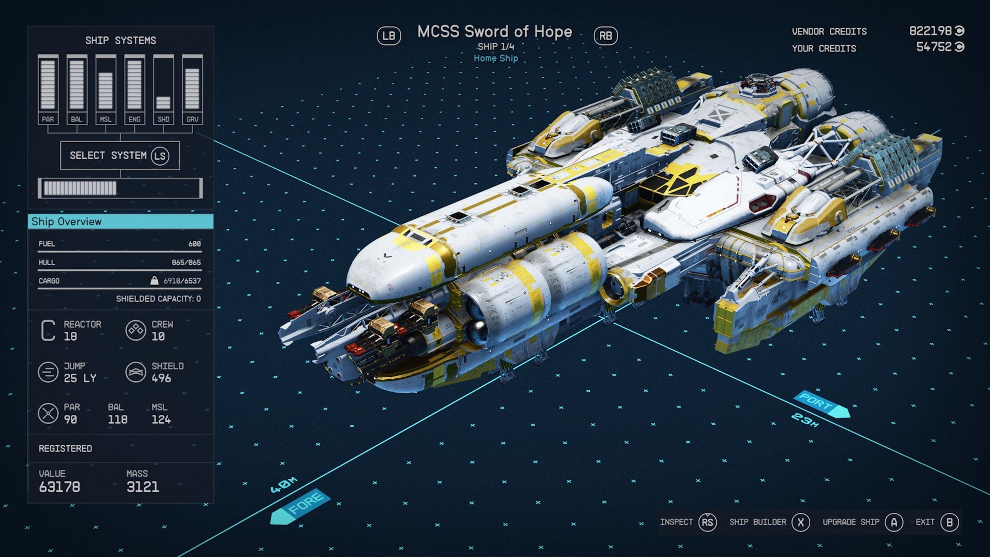 Screenshot from the game Starfield focusing on the shipbuilding menu, with a large white and gold ship in the centre. Along the viewer’s left hand side is the ship stat menu.