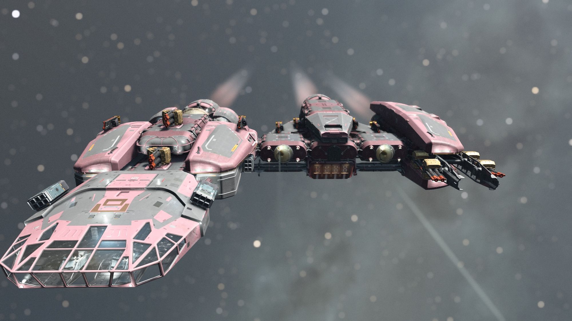 Screenshot from the game Starfield centring on a red and black starship flying through space.