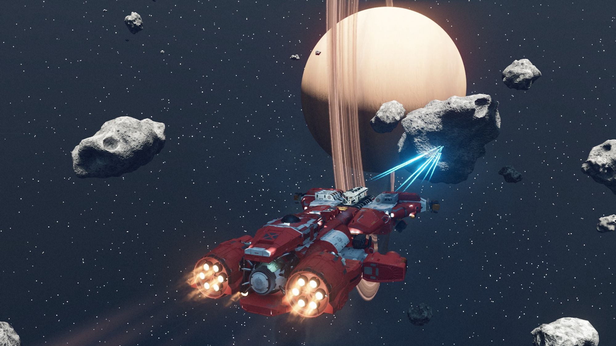 Screenshot from the game Starfield focused on a ship in space flying towards a Saturn style planet, while firing at an asteroid.