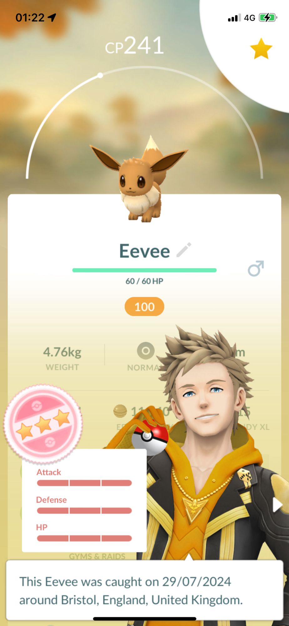 Screenshot from the game Pokémon Go highlighting the stat analysis screen of the Pokémon Eevee showing perfect stats or 100 IV.