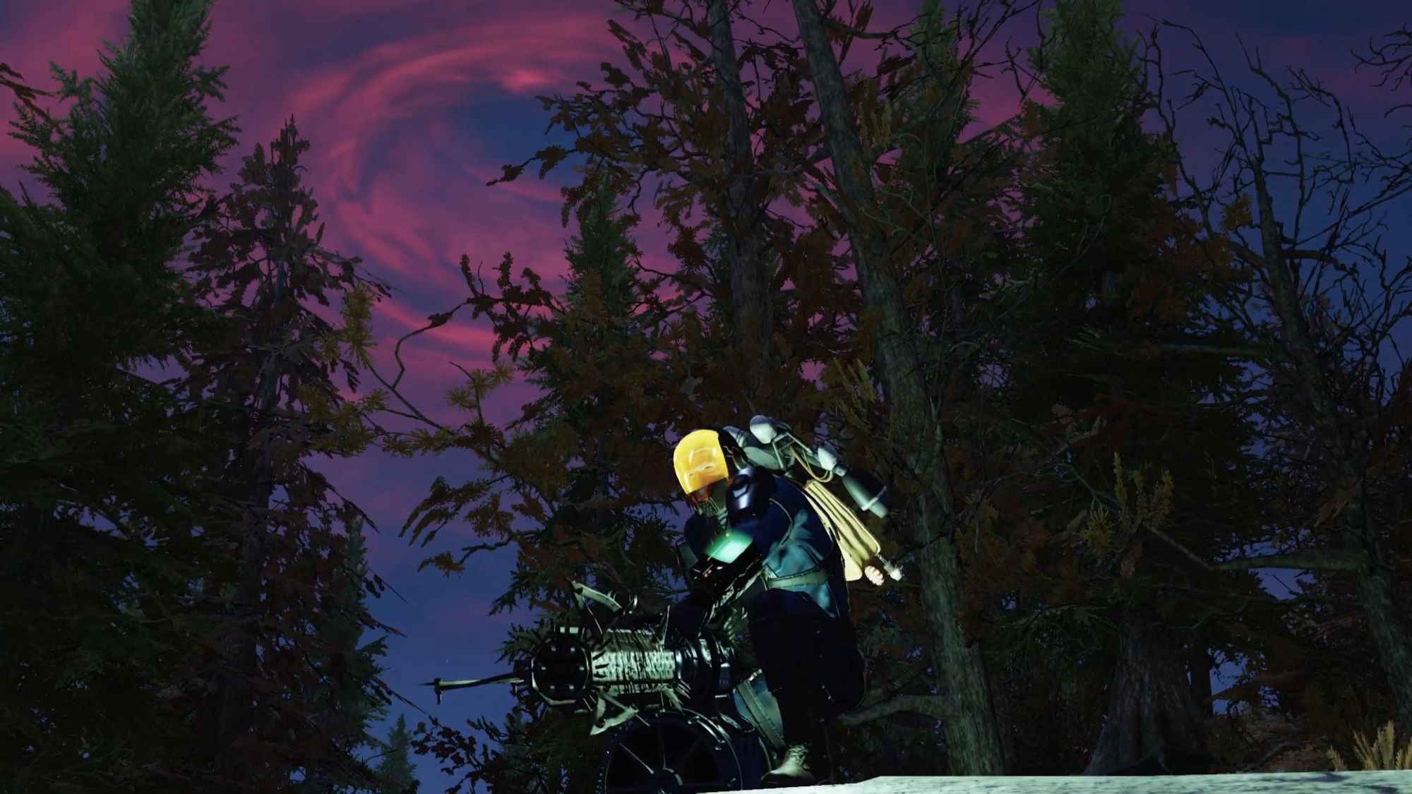 Screenshot from the game Fallout 76 centered on the player character, dimly lit and wielding a large jagged weapon, against a forested backdrop. A large red stormfront looms in the sky above.