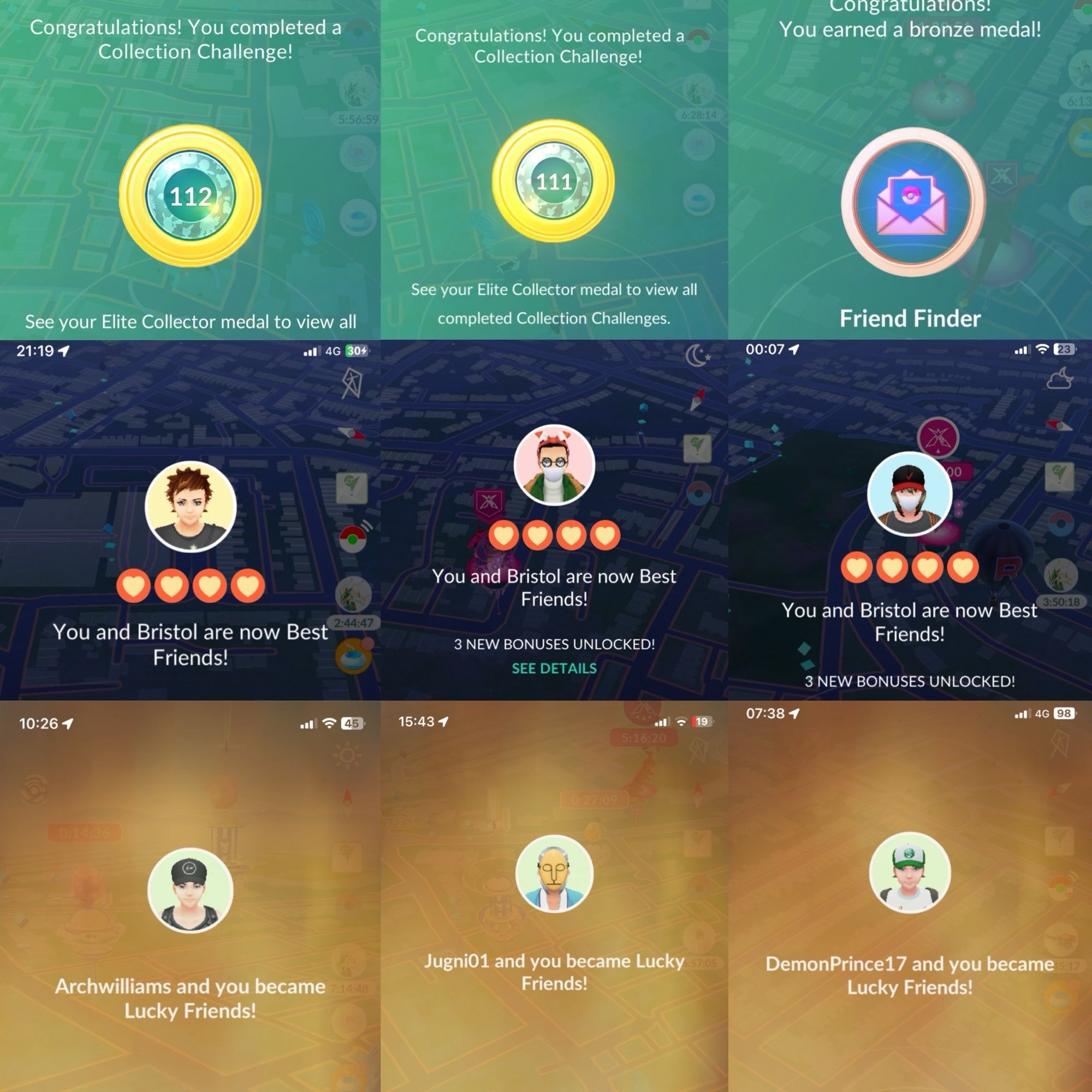 Composite screenshot from the game Pokémon Go collecting accomplishments. From the viewers to left to bottom right are collection challenges 112, and 111. A bronze friend finder reward. The middle row contains three new best friends, all nicknamed Bristol. The bottom row contains three new lucky friends.