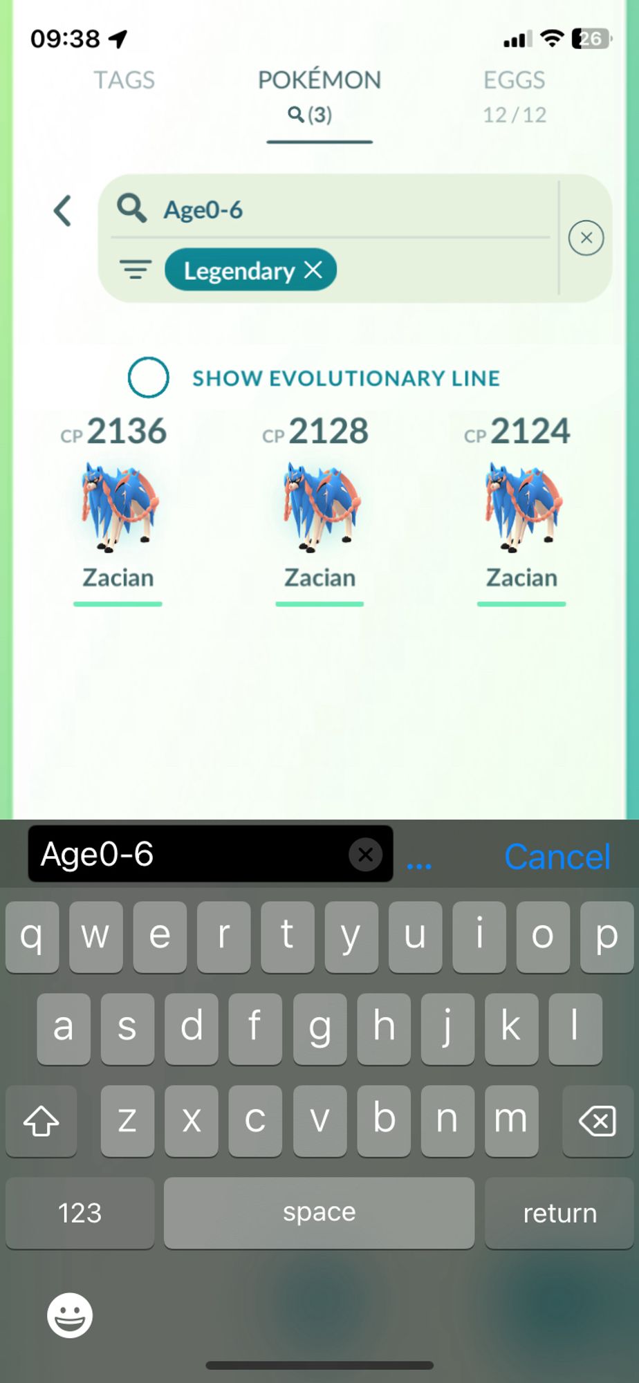 Screenshot of the Pokémon search screen with a search string of Legendary Pokemon caught in the last six days, returning three Zacian.