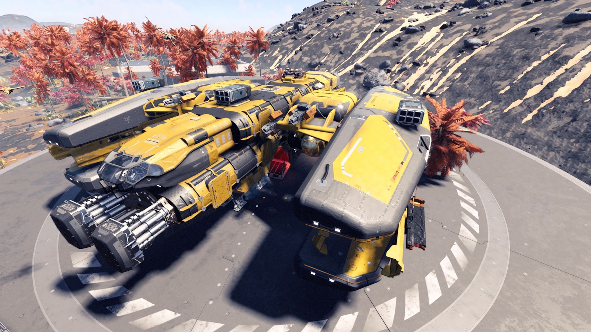 Screenshot from the game Starfield centring on a black and yellow ship from a 3/4 head on view, the ship is set on a landing pad with a red tree lined landscape in the background