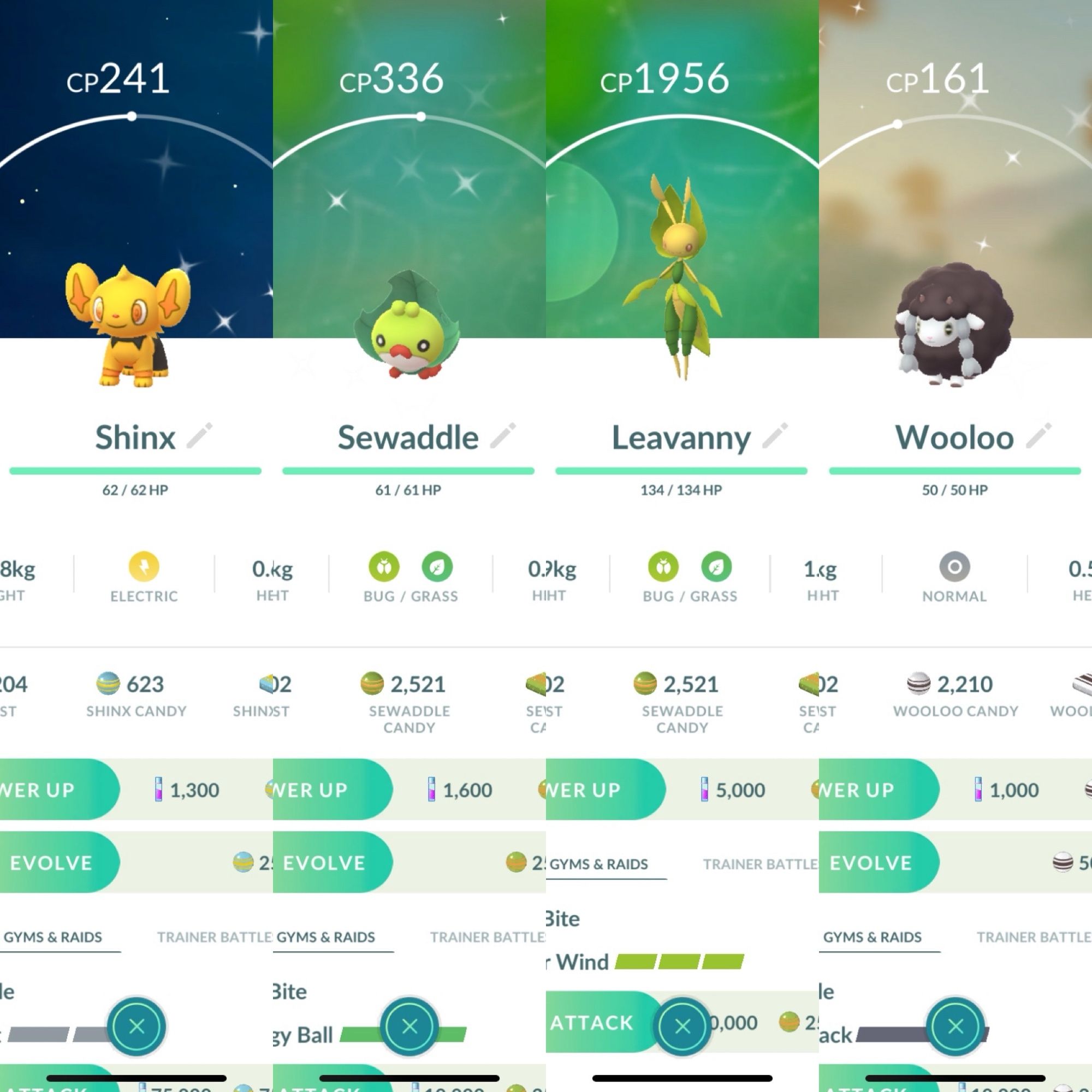 Composite screenshot from the game Pokémon Go collecting shiny Pokémon. From the viewers left to right are shiny Shinx, Sewaddle, Leavanny, and Wooloo.