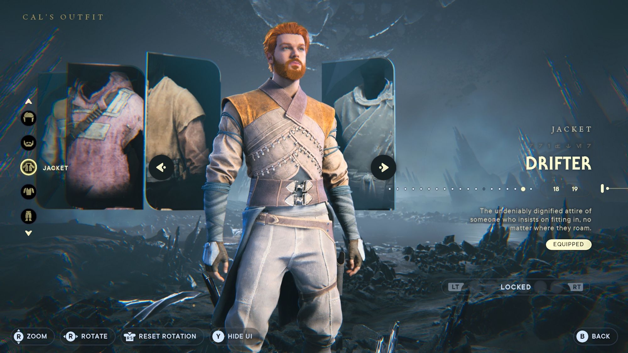 Screenshot from the game Star Wars Jedi Survivor. The image is centring on the character customisation screen and Cal Kestis. The outfit bring modelled if the drifter outfit, alongside the full beard and scrapper hairstyle.