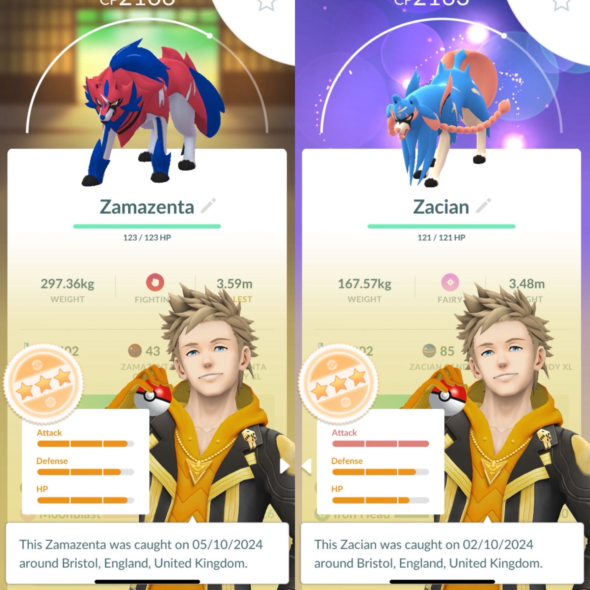 Composite screenshot from the game Pokémon Go collecting legendary Pokémon. On the left is a stat analysis of the Pokémon Zamazenta, on the right of Zacian.