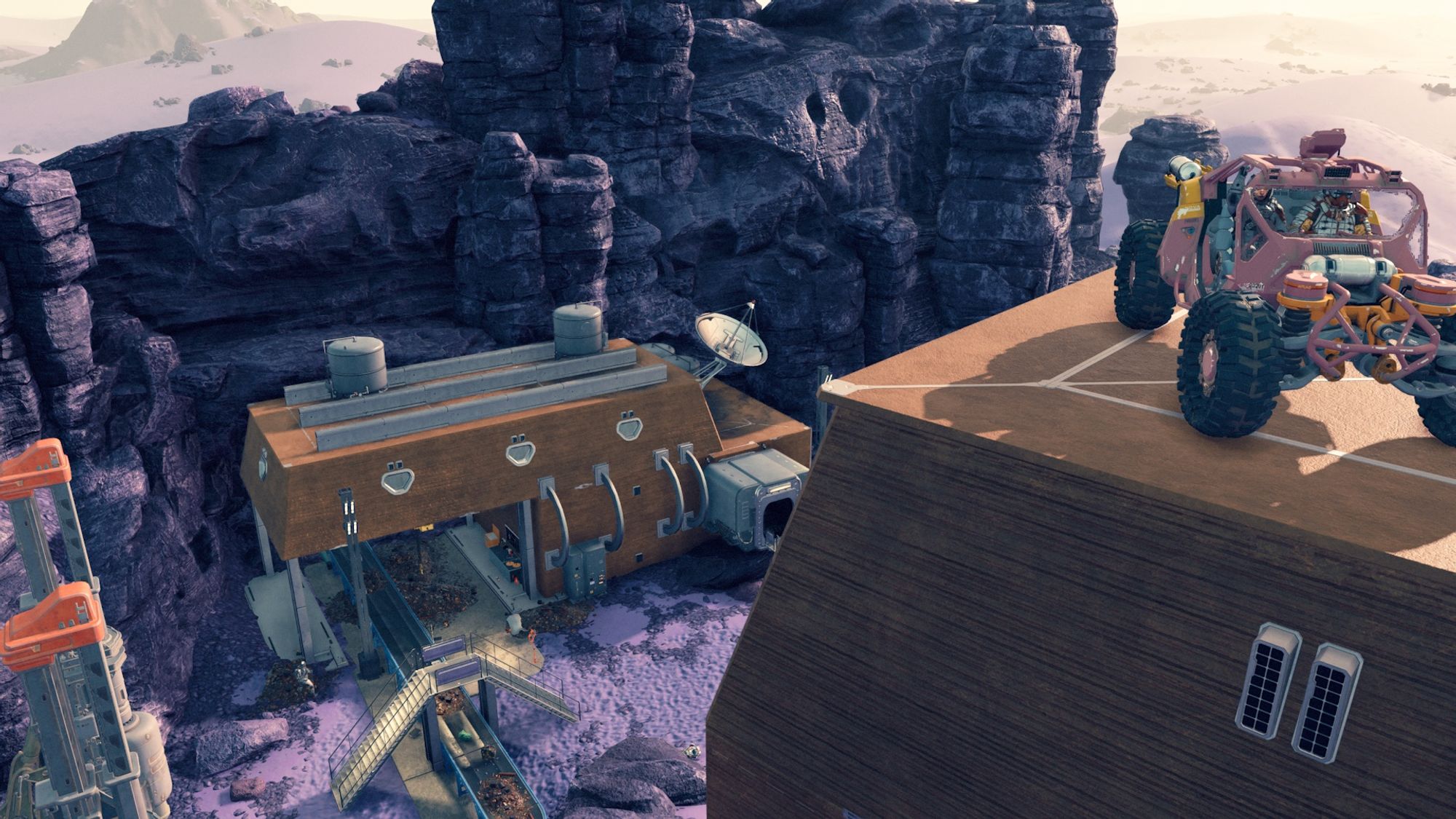 Screenshot from the game Starfield, centered on a wooden building set against a purple landscape and rock formations.