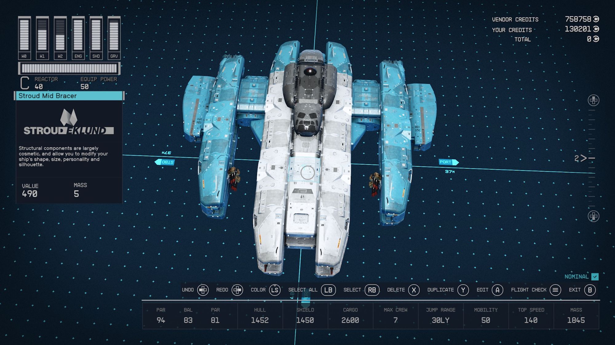 Screenshot from the game Starfield focusing on the shipbuilding menu, displaying ship stats across the bottom. In the centre is a white, blue, and black ship.