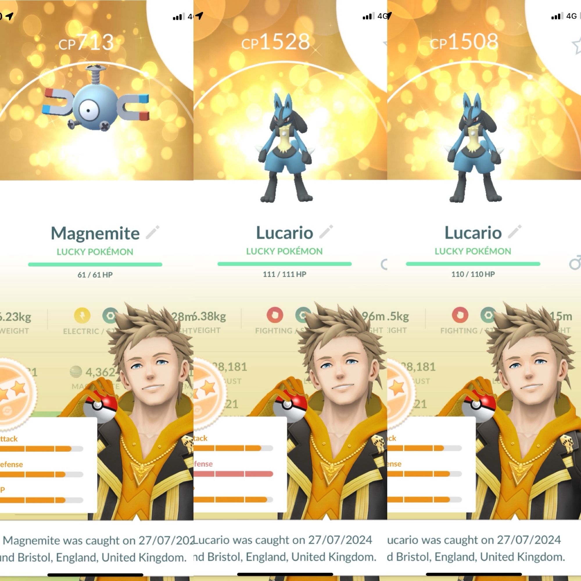 Composite screenshot from the game Pokémon Go, collecting a selection of lucky Pokémon. From viewer’s left to right is a Magnemite followed by two Lucario.