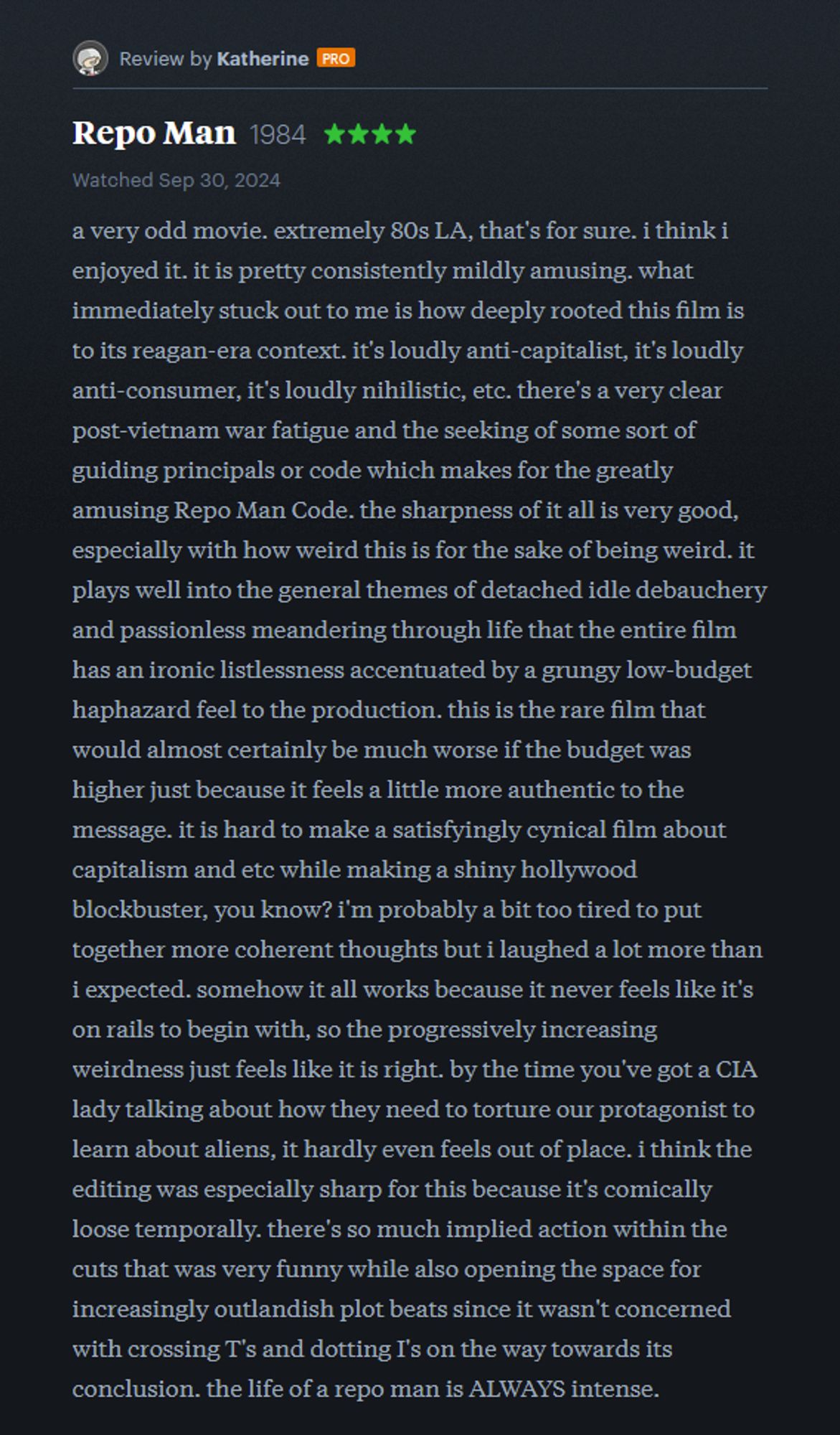 📽️ screenshot of my letterboxd review for repo man (1984)