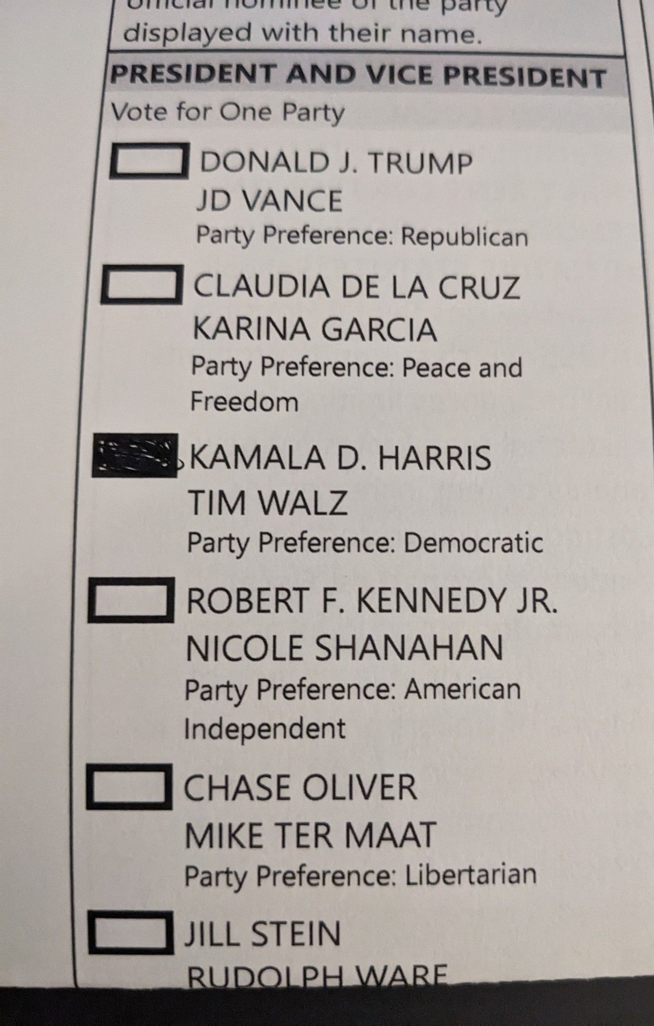 a ballot showing that a vote for kamala harris for president 